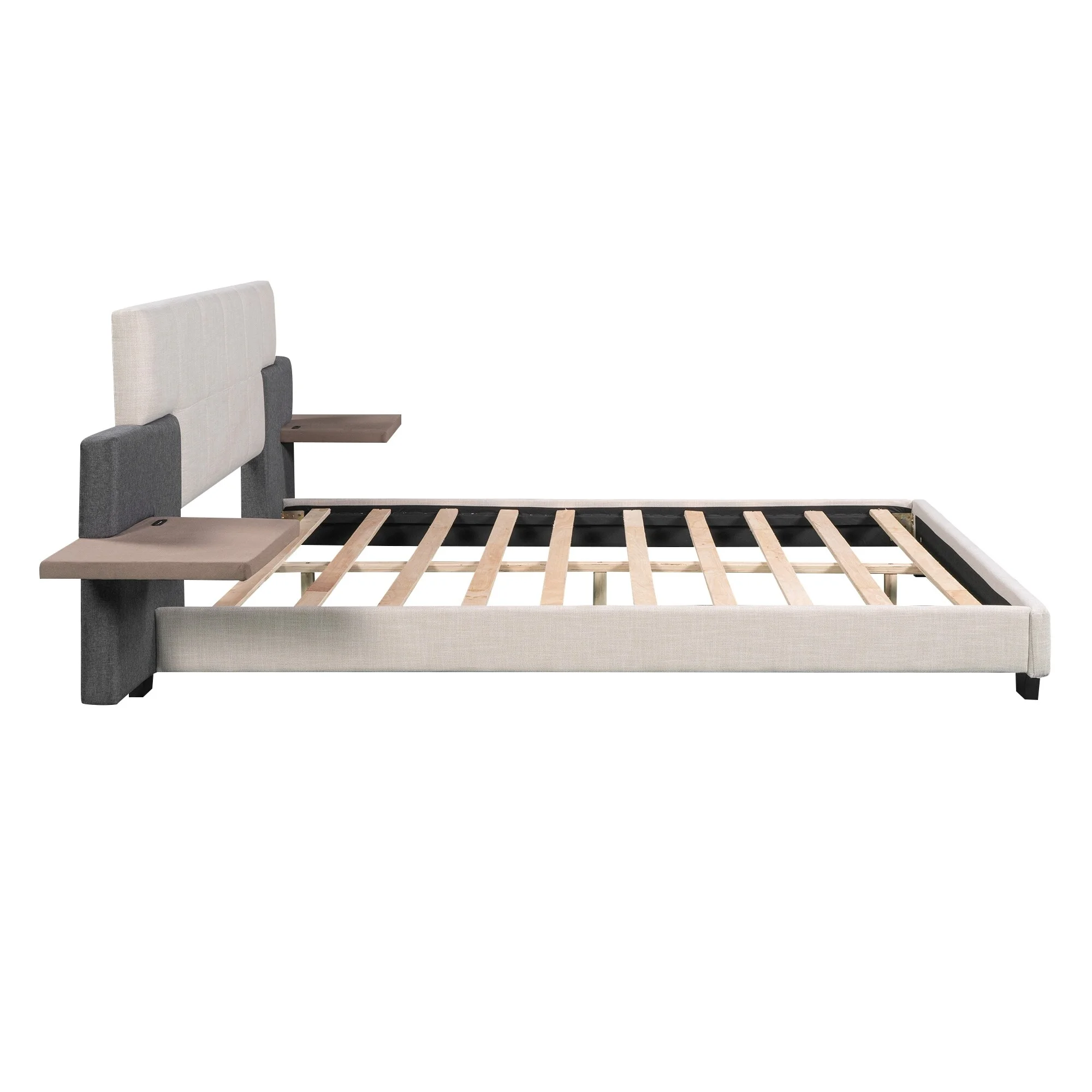Queen Size Upholstered Bed with 2 Bedside Shelves, Platform Bedframe w/Two USB Charging and Headboard, for Bedrom, Guestroom