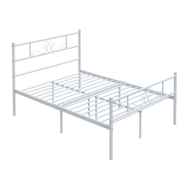 Platform Metal Bed Frame Foundation with Headboard Bedroom Furniture Full Size, White