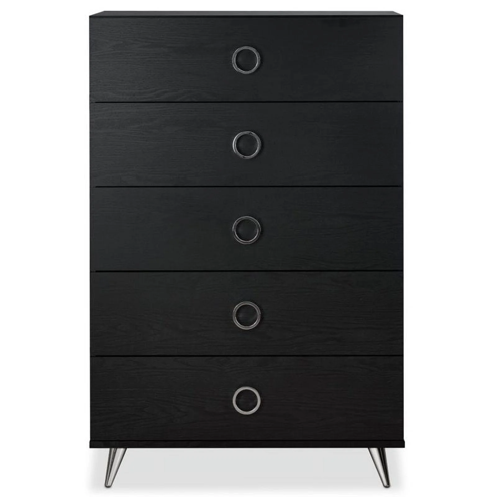 Bowery Hill Wooden Rectangular Chest with 5 Storage Drawers in Black and Chrome