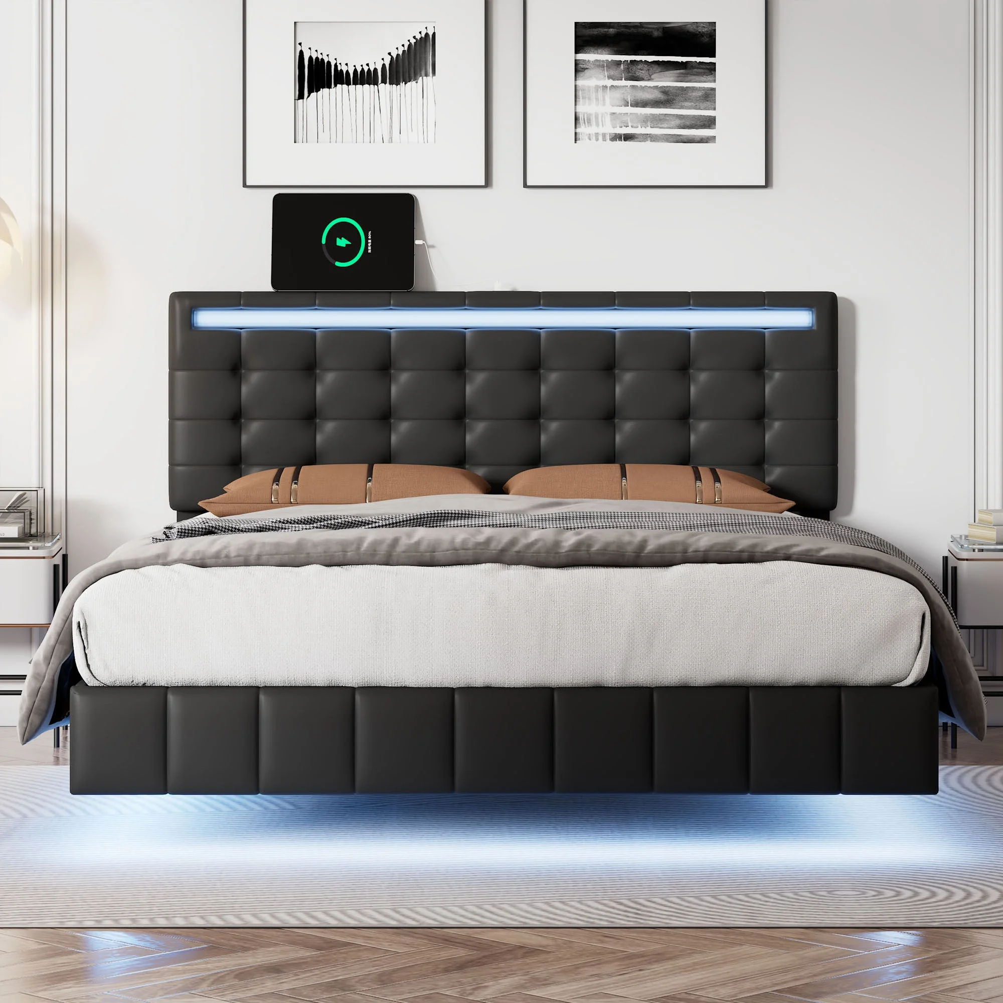 Marc Full Size Floating Bed Frame with LED  - Black