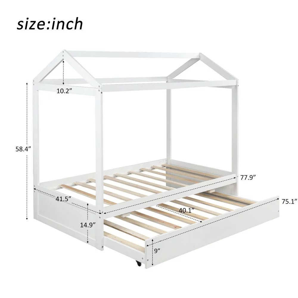 Churanty Twin Size Wooden House Bed with Trundle and Roof, Children House Bunk Bed Can Be Decorated,White