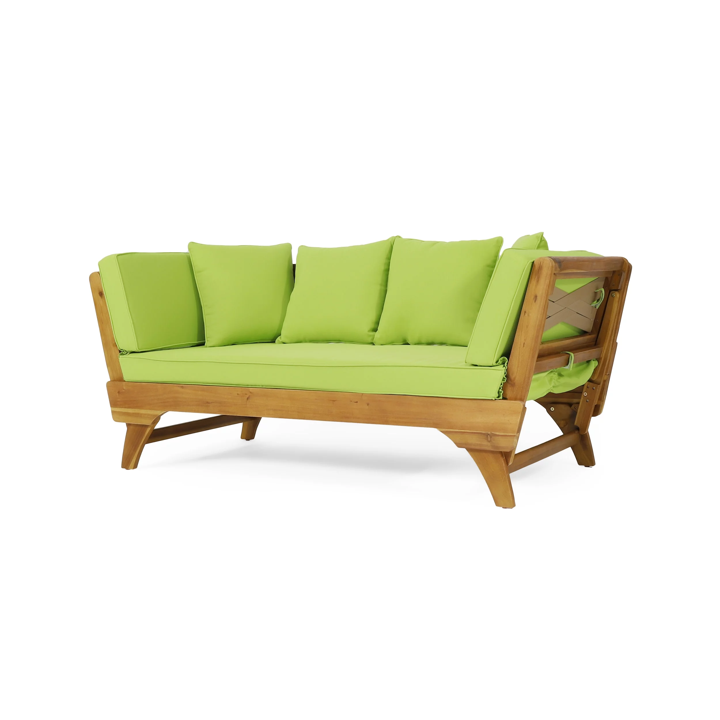 Finleigh Acacia Wood Outdoor Expandable Daybed with Cushions, Teak, Light Green, and Khaki
