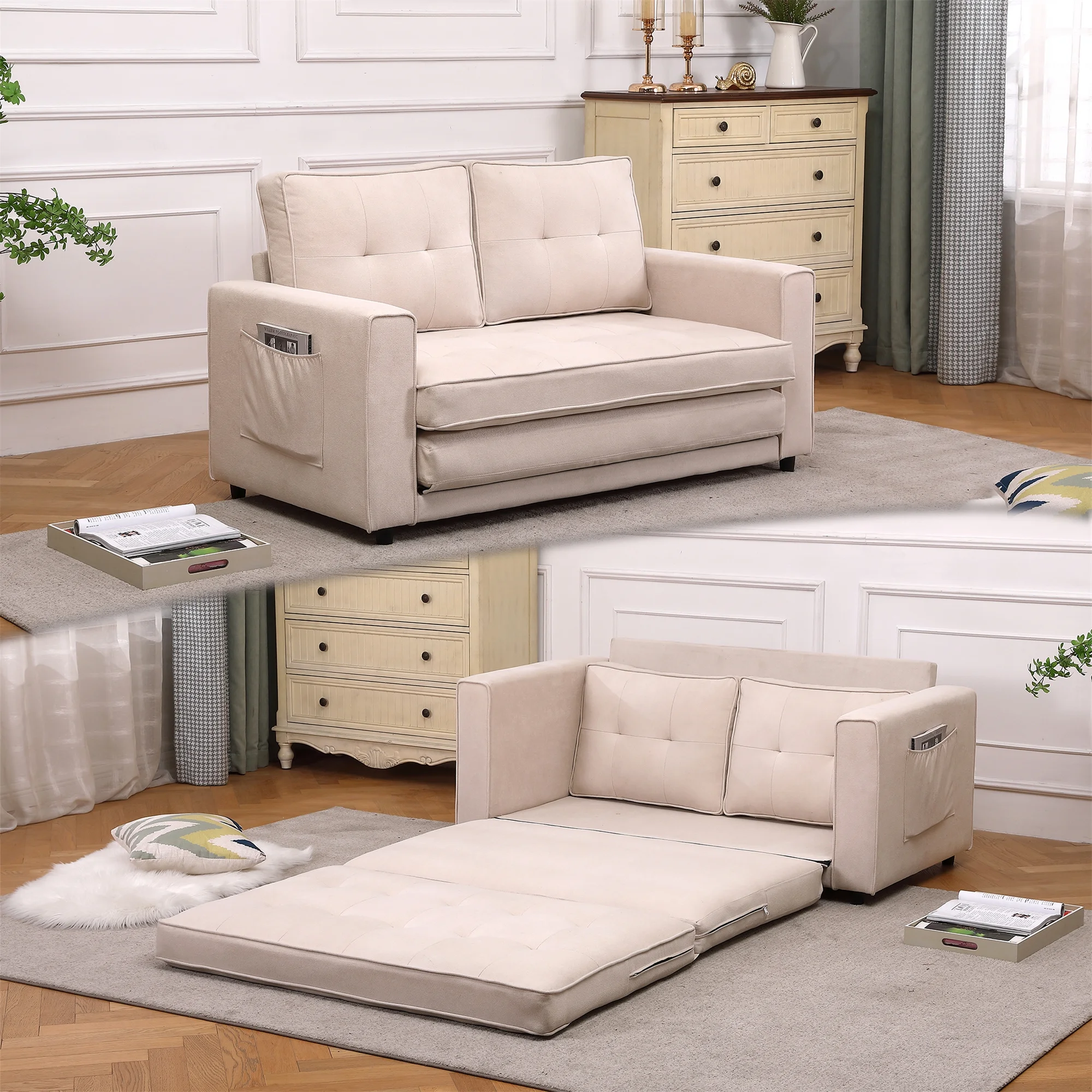 Buenhomino Folding Sofa Bed with Two Storage Pockets, Linen Convertible Foldable Couch Bed, Loveseat Sleeper Sofa for Living Room, Apartment, Beige