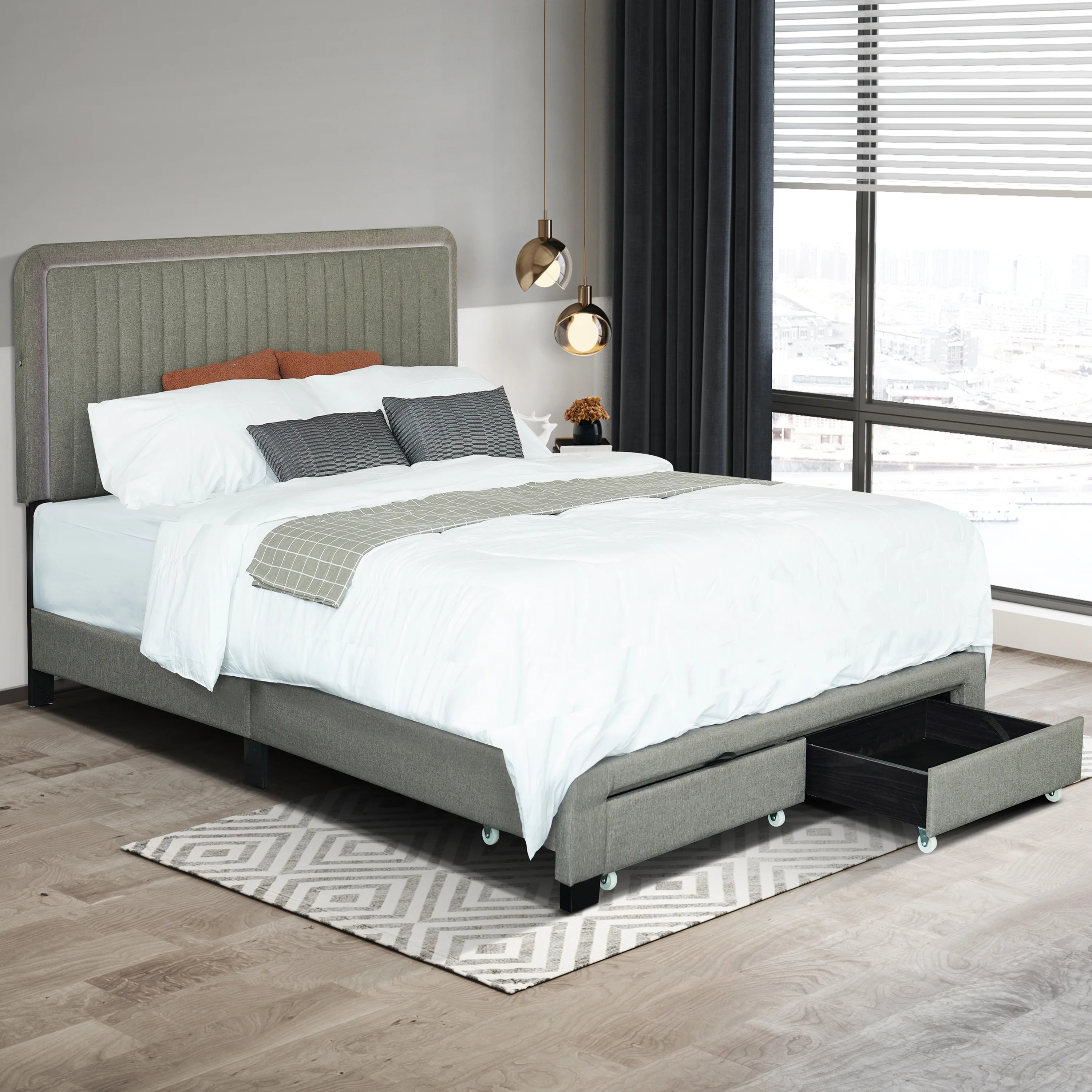 Queen Bed Frame with Adjustable LED Headboard - Linen Upholstered Platform Bed with Footboard Drawers, No Box Spring Required-Stone Gray