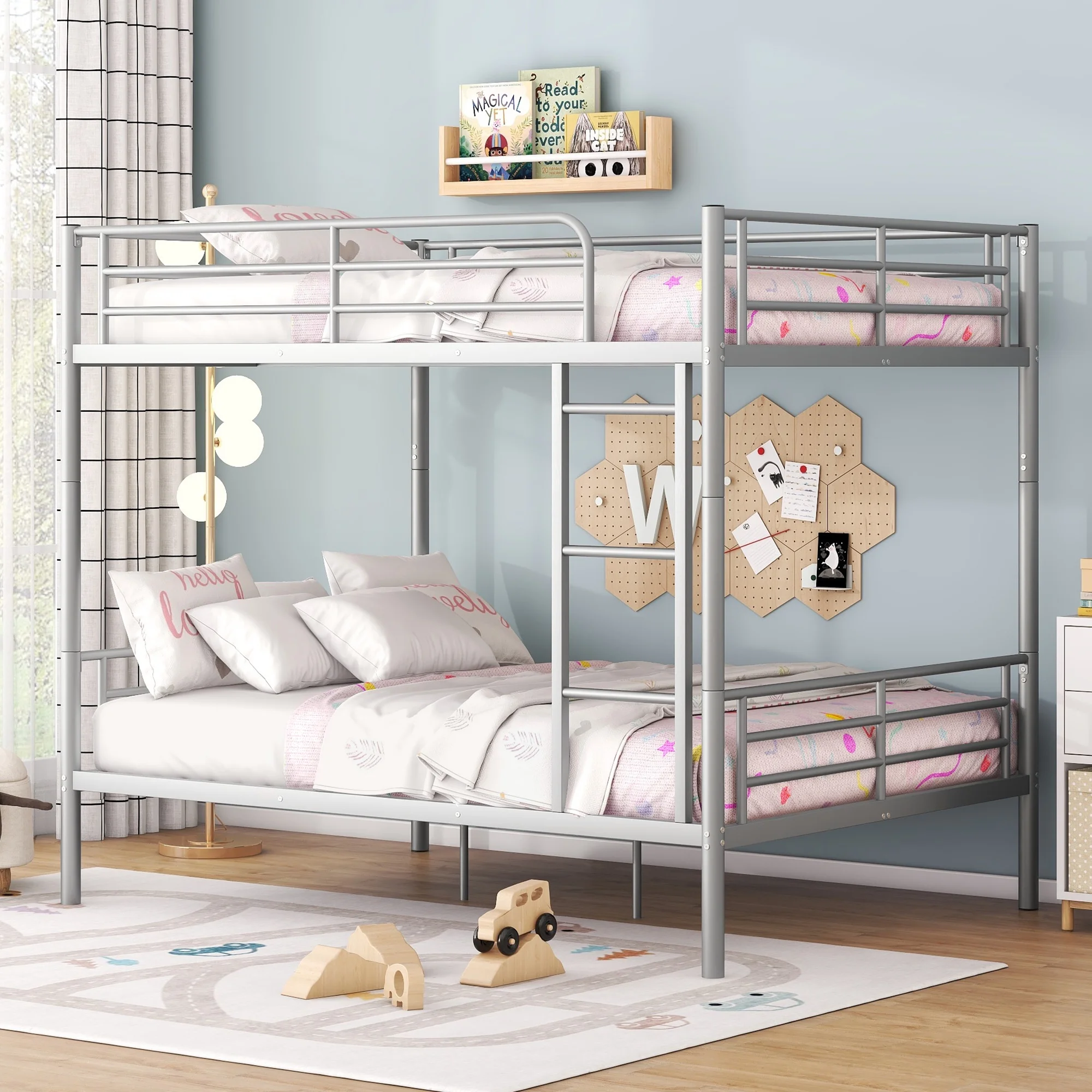 Momspeace Full Over Full Metal Bunk Bed, Metal Bedframe with Ladder and Guardrail, Silver