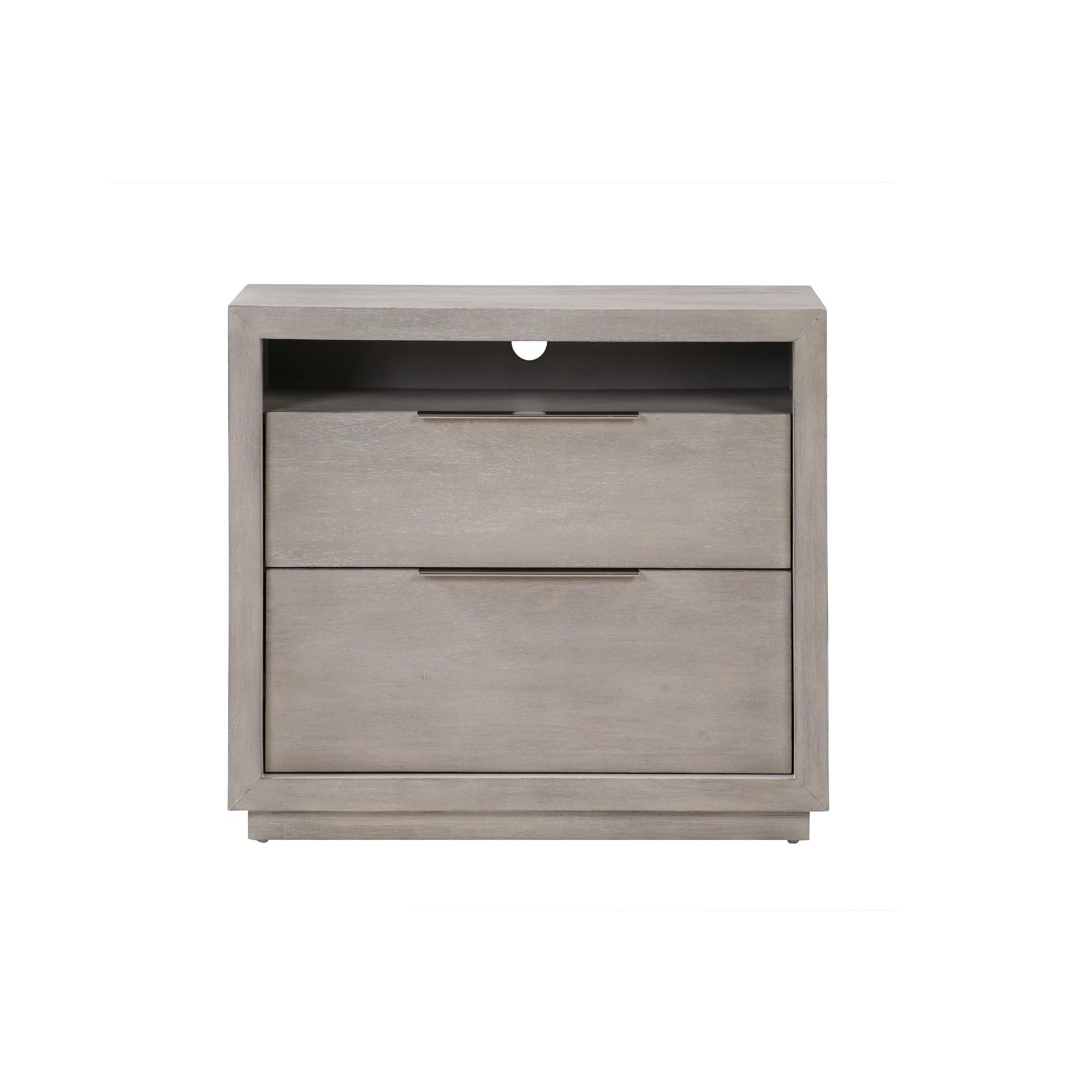 Jose 42 Inch Acacia Wood 2 Drawer Nightstand with Plinth Base, Light Gray