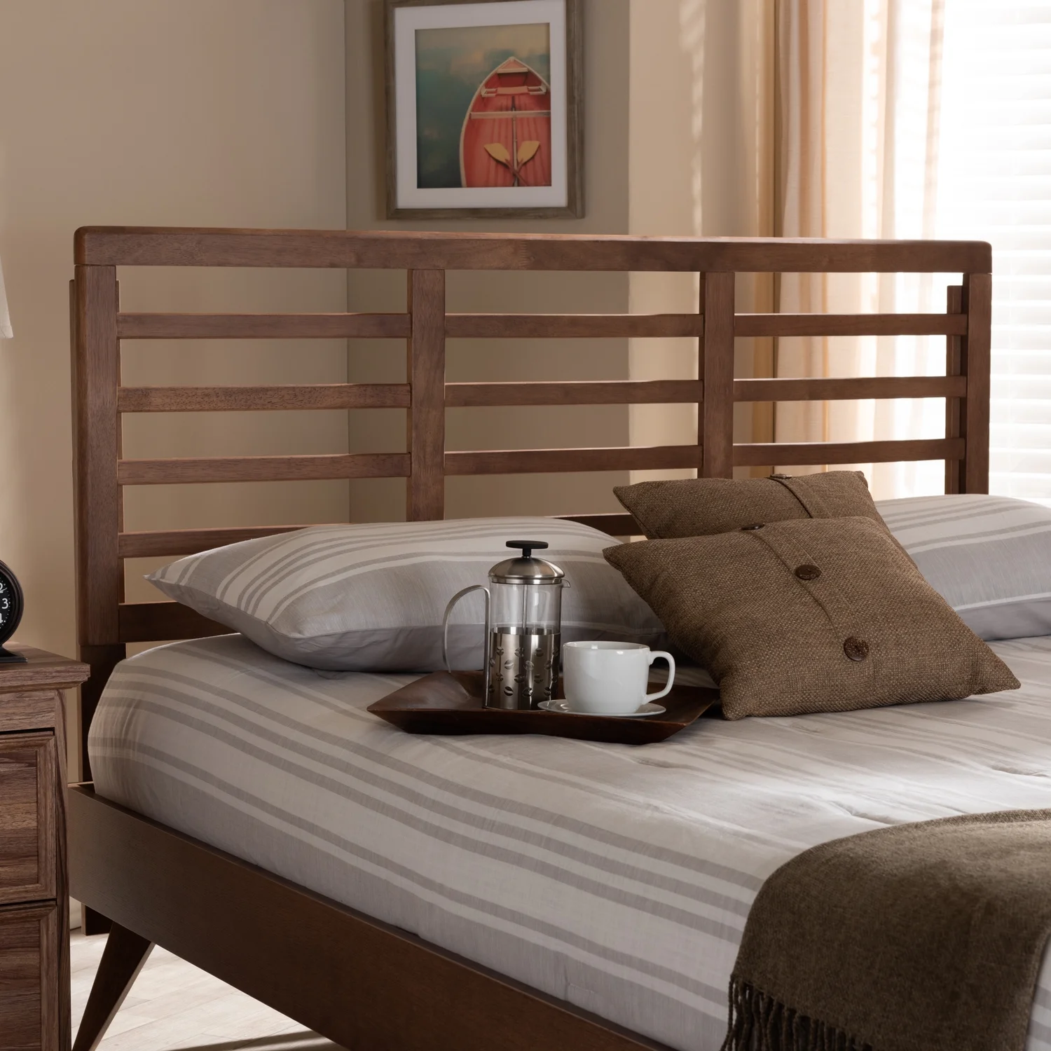 HomeStock Modern Motifs Walnut Brown Finished Wood Full Size Open Slat Headboard