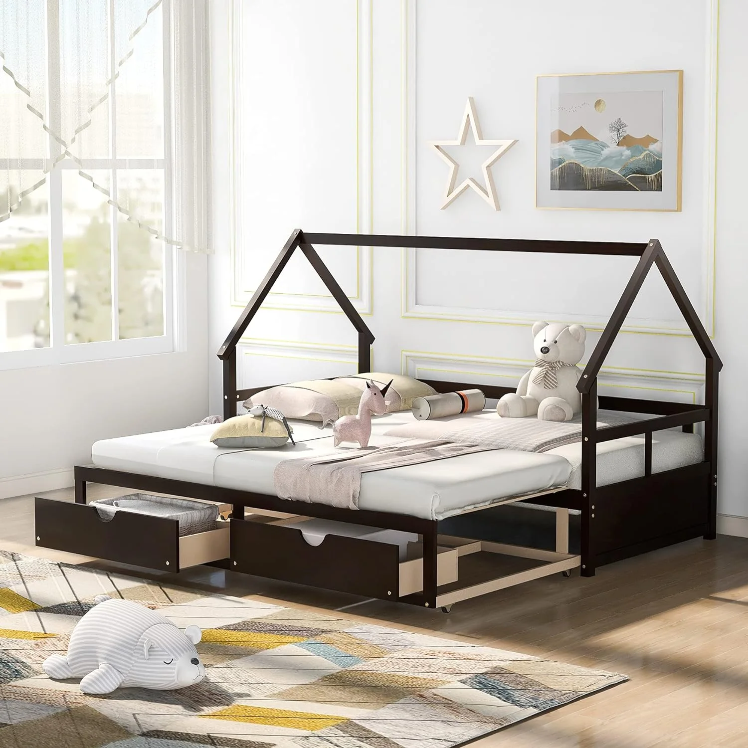 Daybed With Trundle And 2 Drawers Bed To King Design Sofa Bed, Extendable Bed Daybed For Bedroom Living Room