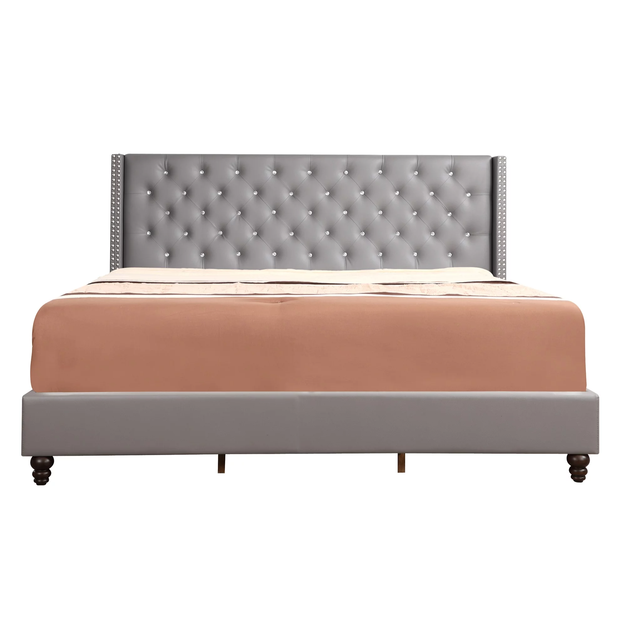 Passion Furniture  Julie Tufted Upholstered Low Profile Panel Bed, Light Grey - Full Size