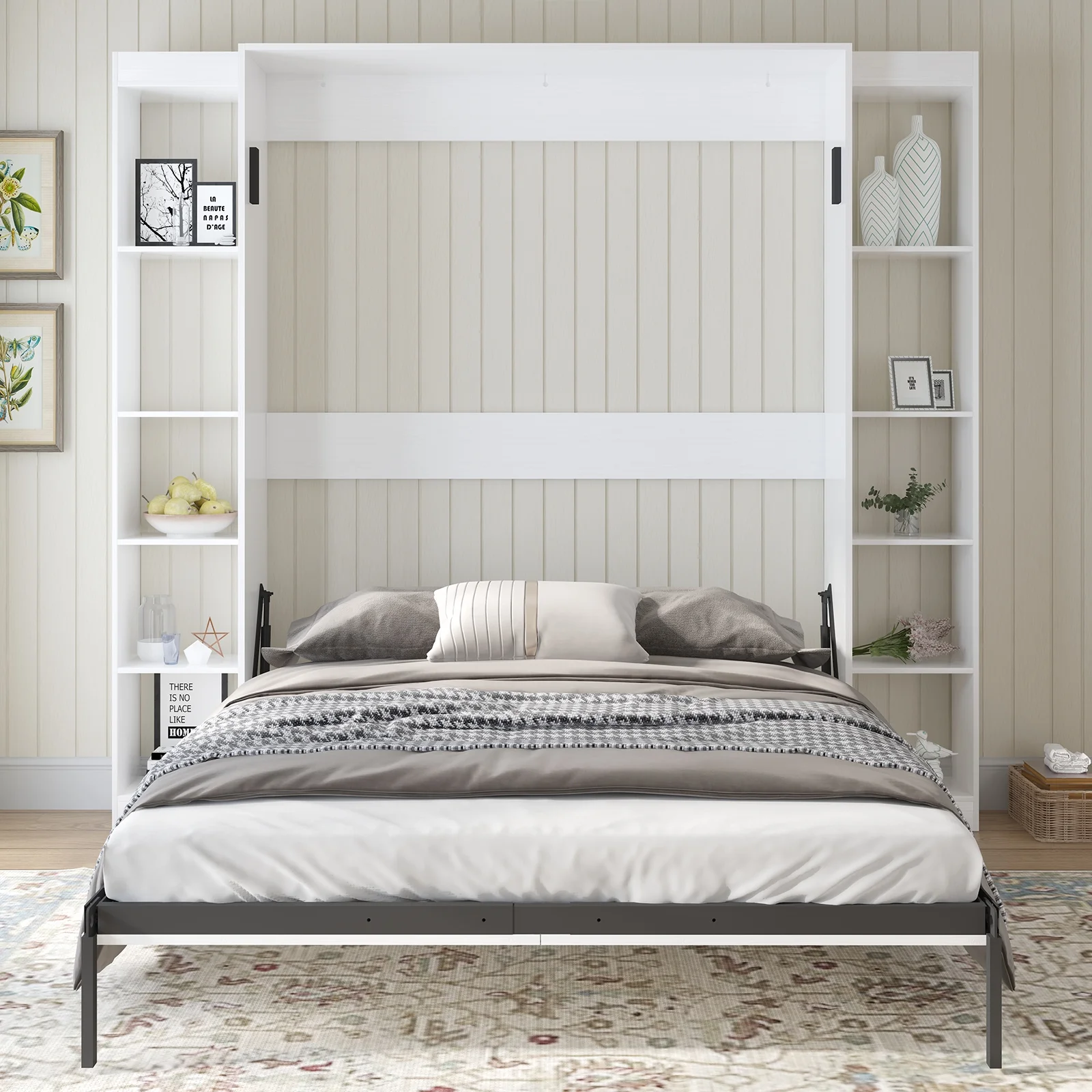 MUZZ Foldable Murphy Bed with 2 Side Cabinets, Folding Wall Bed with Space Saving Design, Fold up Murphy Bed Cabinet for Storage, Multipurpose Cabinet Bed for Bedroom/Apartment (Style6+2,White)