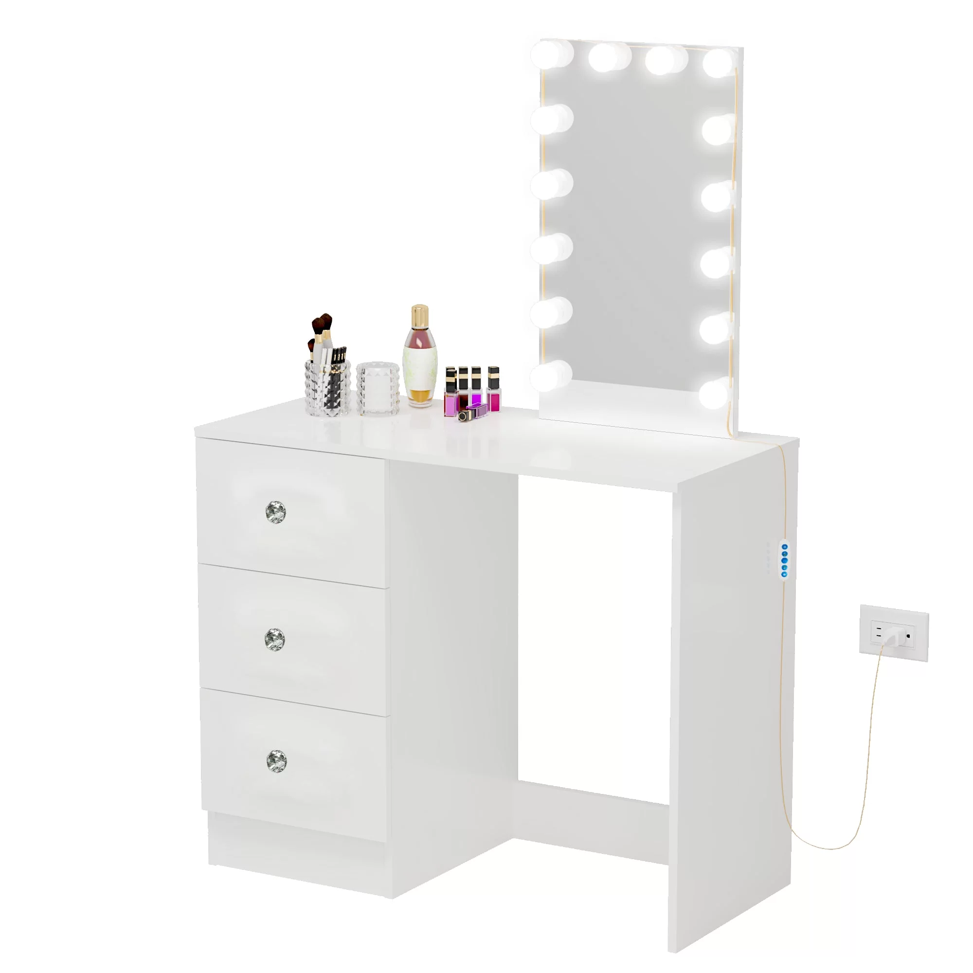 Ember Interiors Ava Modern Vanity Table with Lights, Crystal Knobs, for Bedroom, White