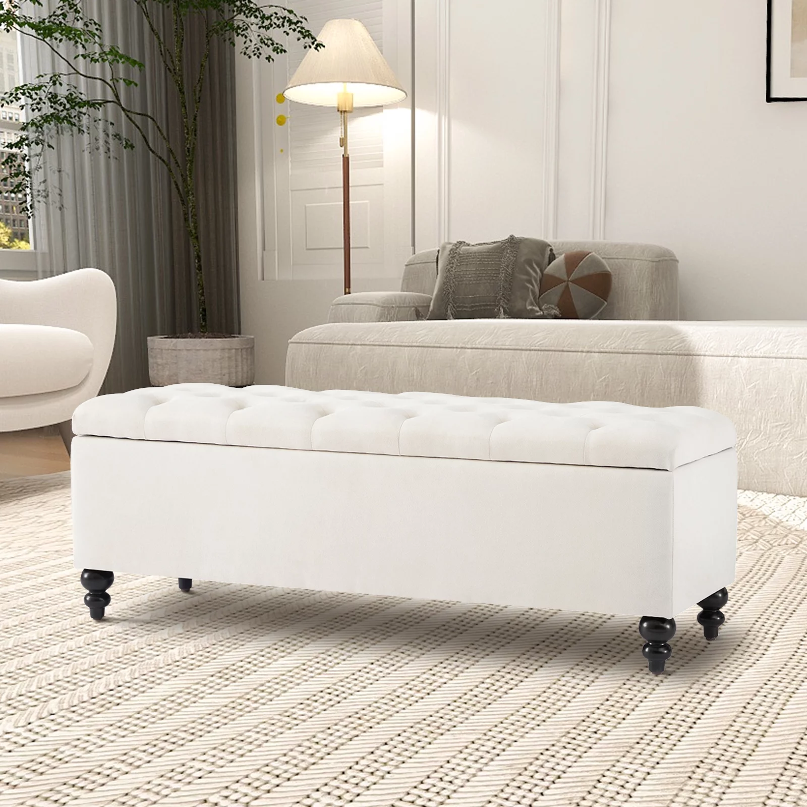 GERICCO Ottoman with Storage, 50.2 Inches Storage Ottoman Bench with Button-Tufted, Bench Ottoman in Upholstered Fabrics, Large Storage Bench for Bedroom, Living Room(Ivory)