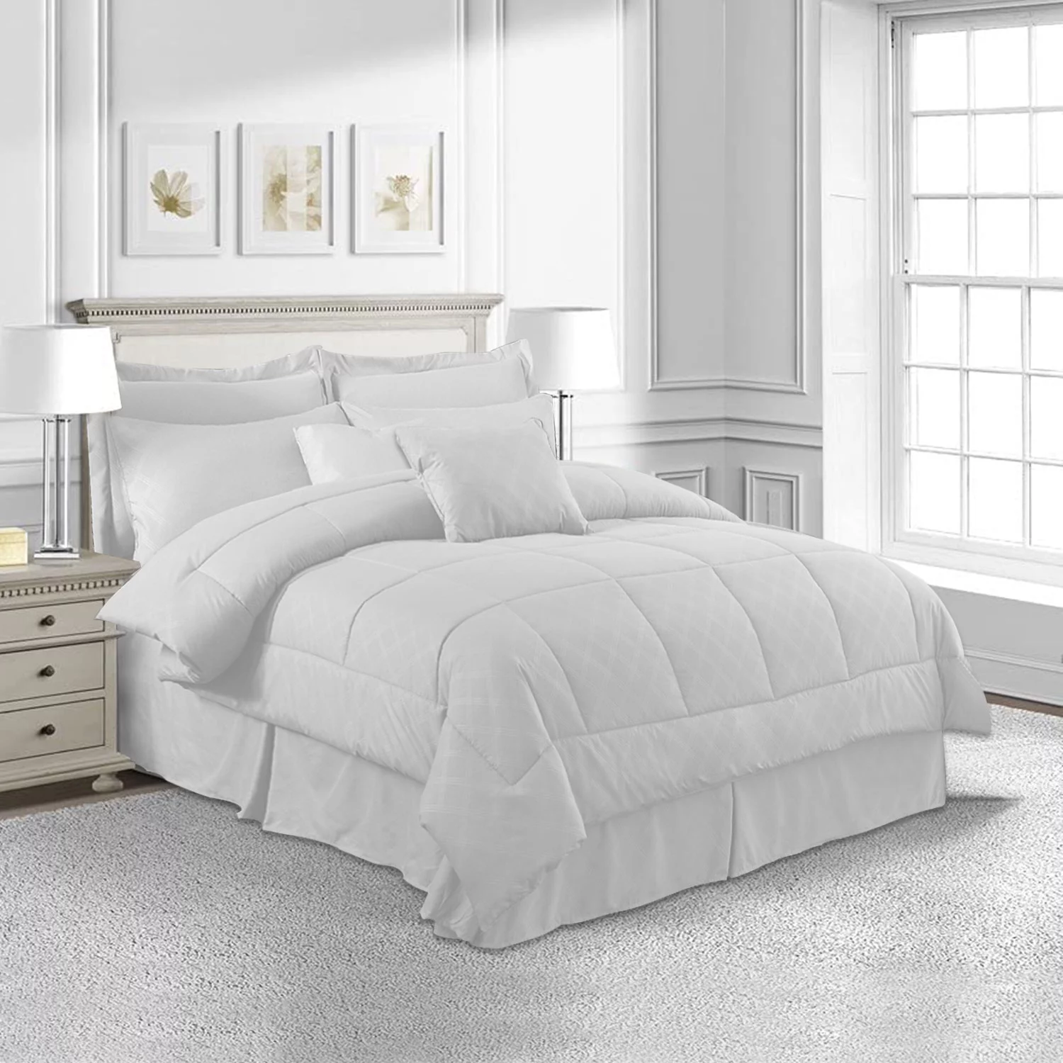 NC 10 Piece Bed in a Bag Cal King Size Comforter Set Bedding Set, Plaid Pattern, White