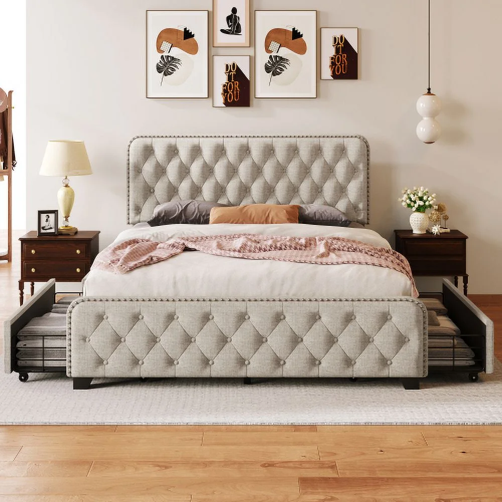 Heavy Duty Queen Size Metal Bed Frame with 4 Drawers, Upholstered Platform with Headboard and Footboard, No Box Spring Required