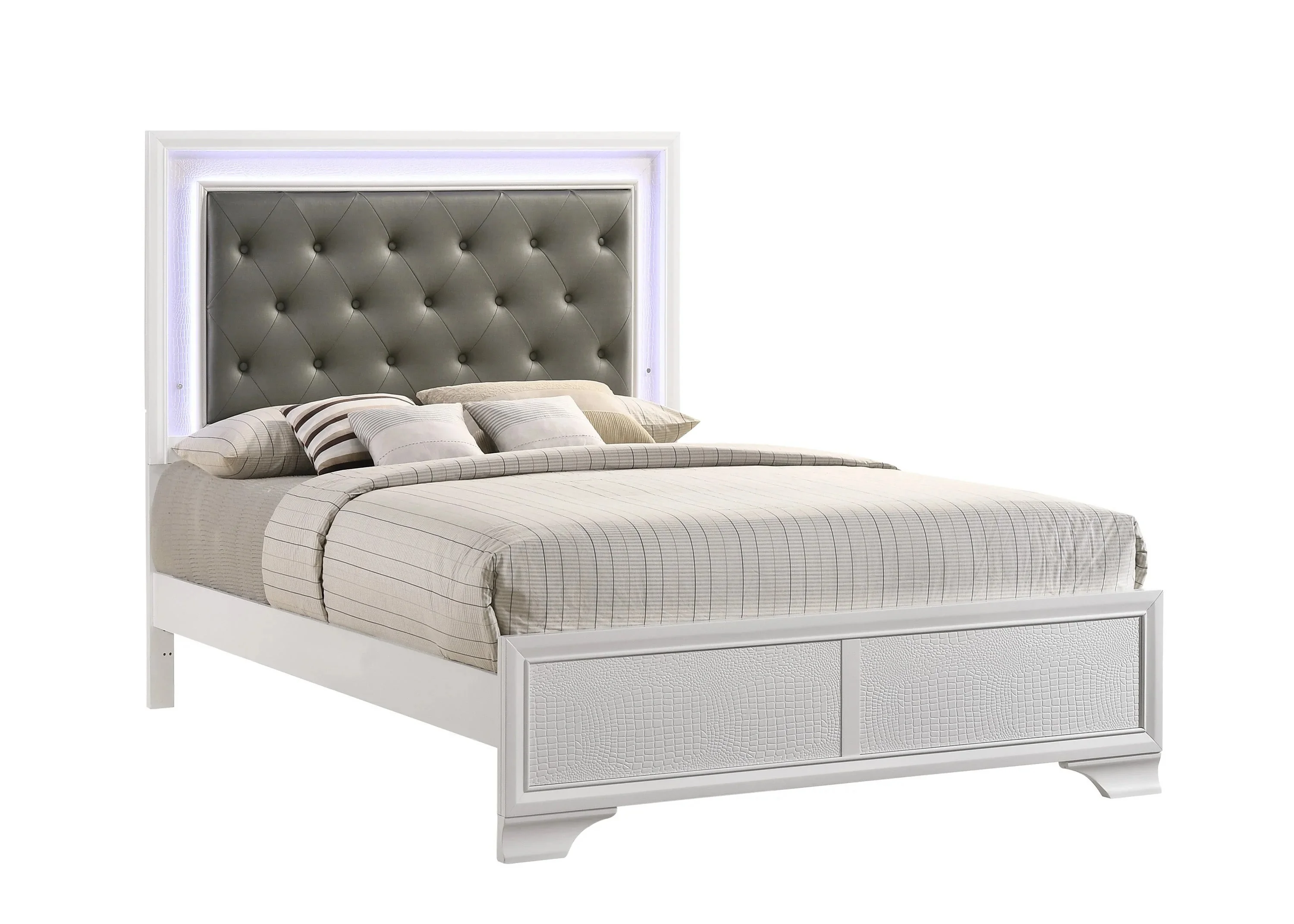 Transitional Style Frost Finish 5pc Queen Size Bedroom Set Bed Dresser Mirror Nightstand White LED Light Upholstery Headboard