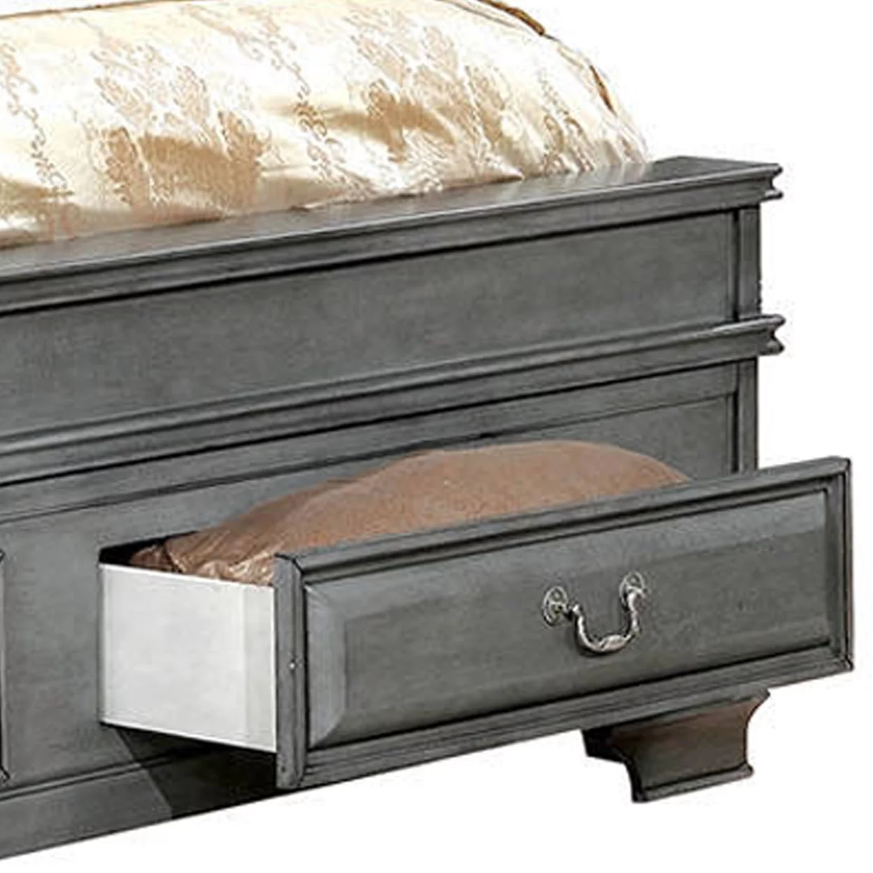 Transitional Eastern King Wooden Bed with Multiple Bottom Drawers, Gray- Saltoro Sherpi