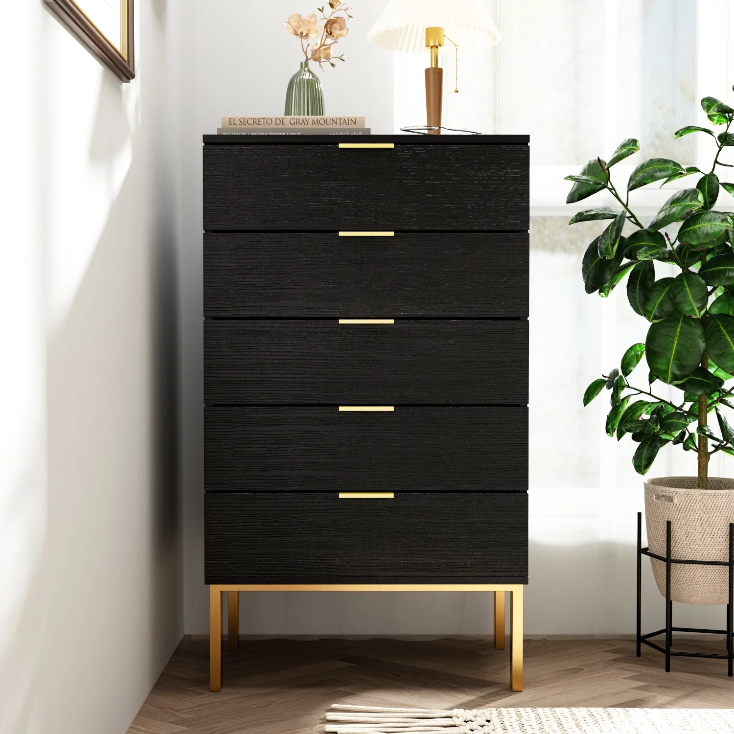 TQ 5 Drawer Dresser Storage Tower, Organizer Unit for Bedroom,Chest Black