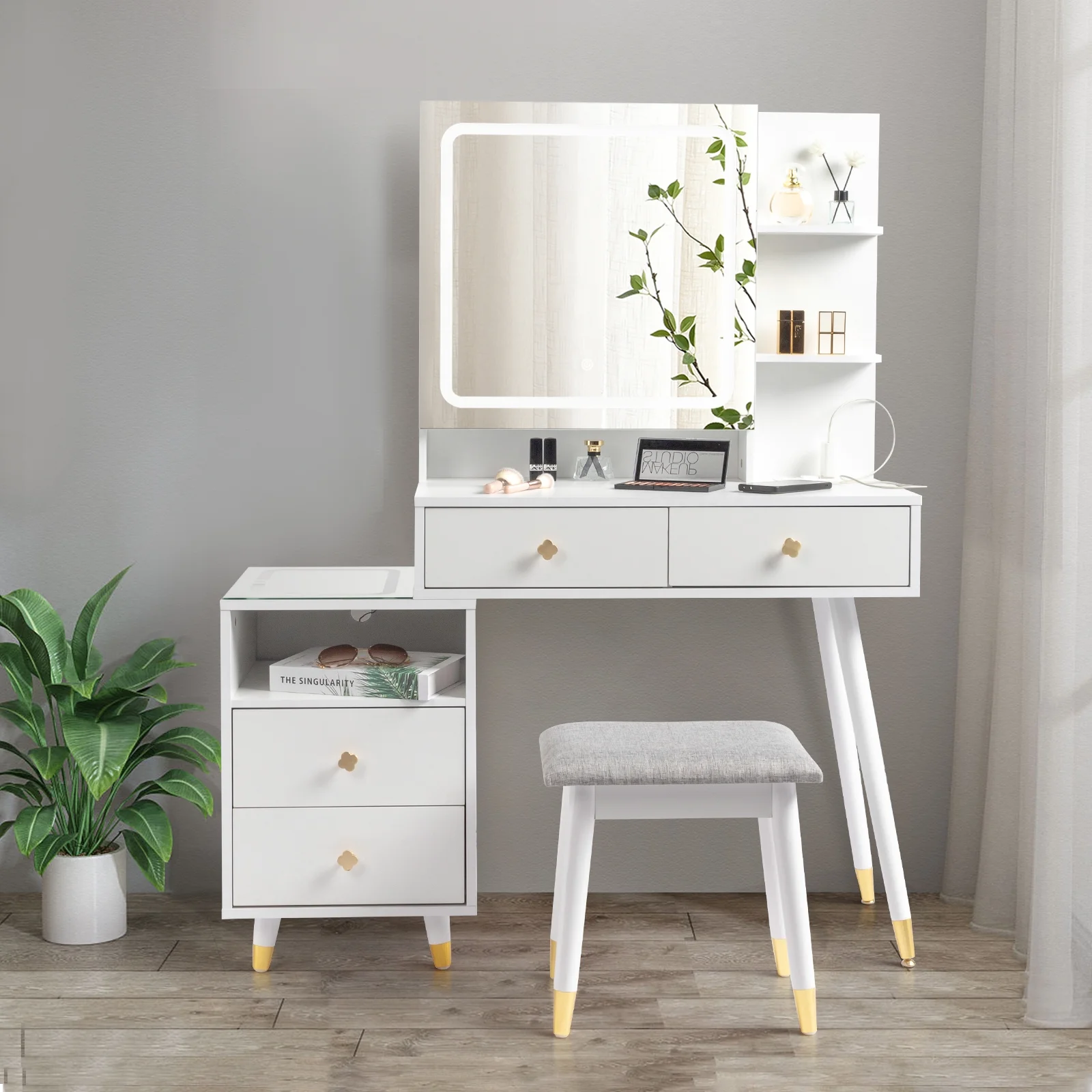 Ktaxon 3 Color Lighted Vanity Table Set, Makeup Table with LED Nightstand, Dressing Table with USB Charging Station, for Girls, Women, Female Bedroom, White