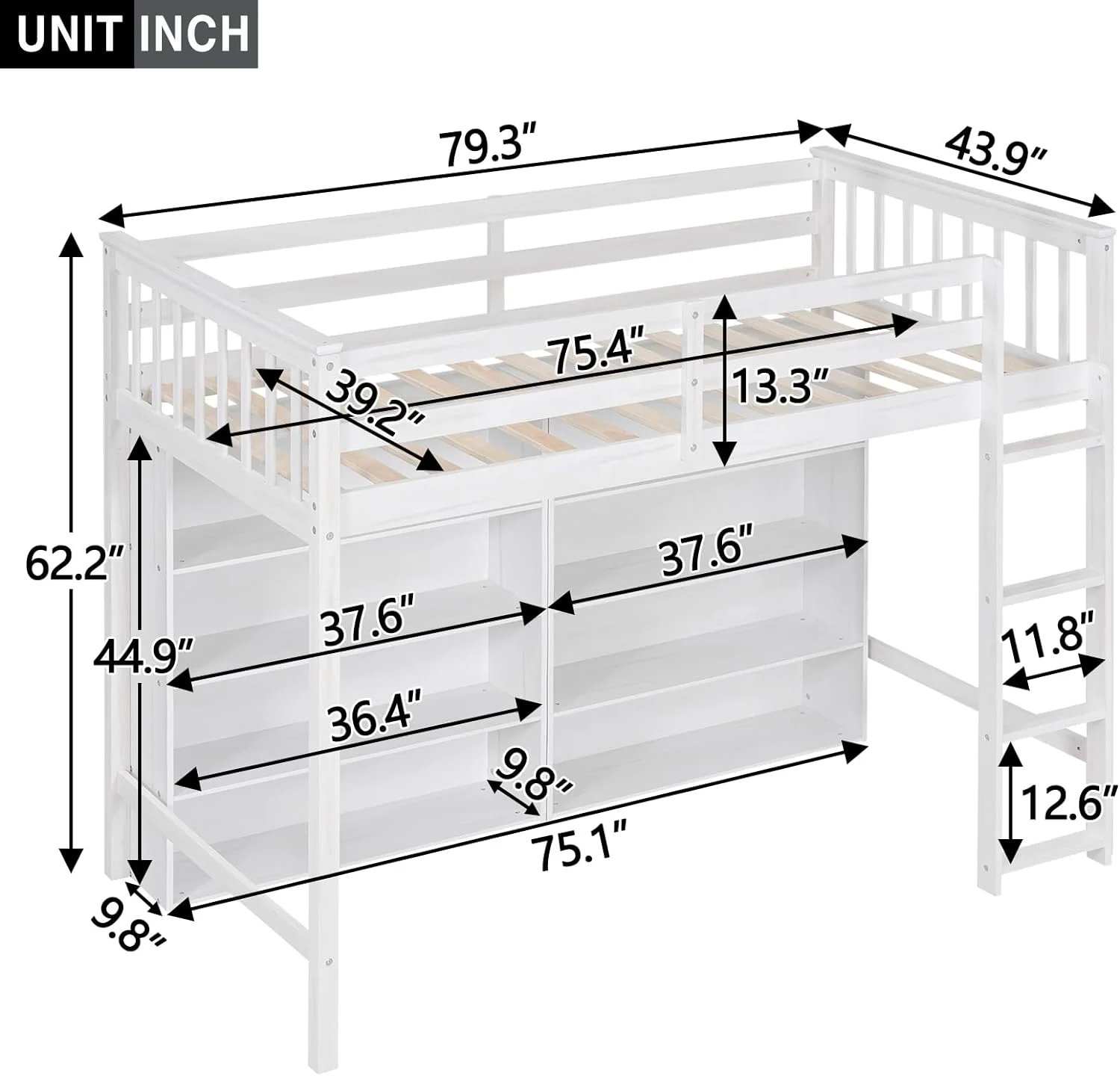 Size Loft Bed With Storage Shelves, Loft Bed With Built-In Bookcase, Wood Loft Bed Frame With Ladder For Dorm, Kids Boys Girls Teens, White