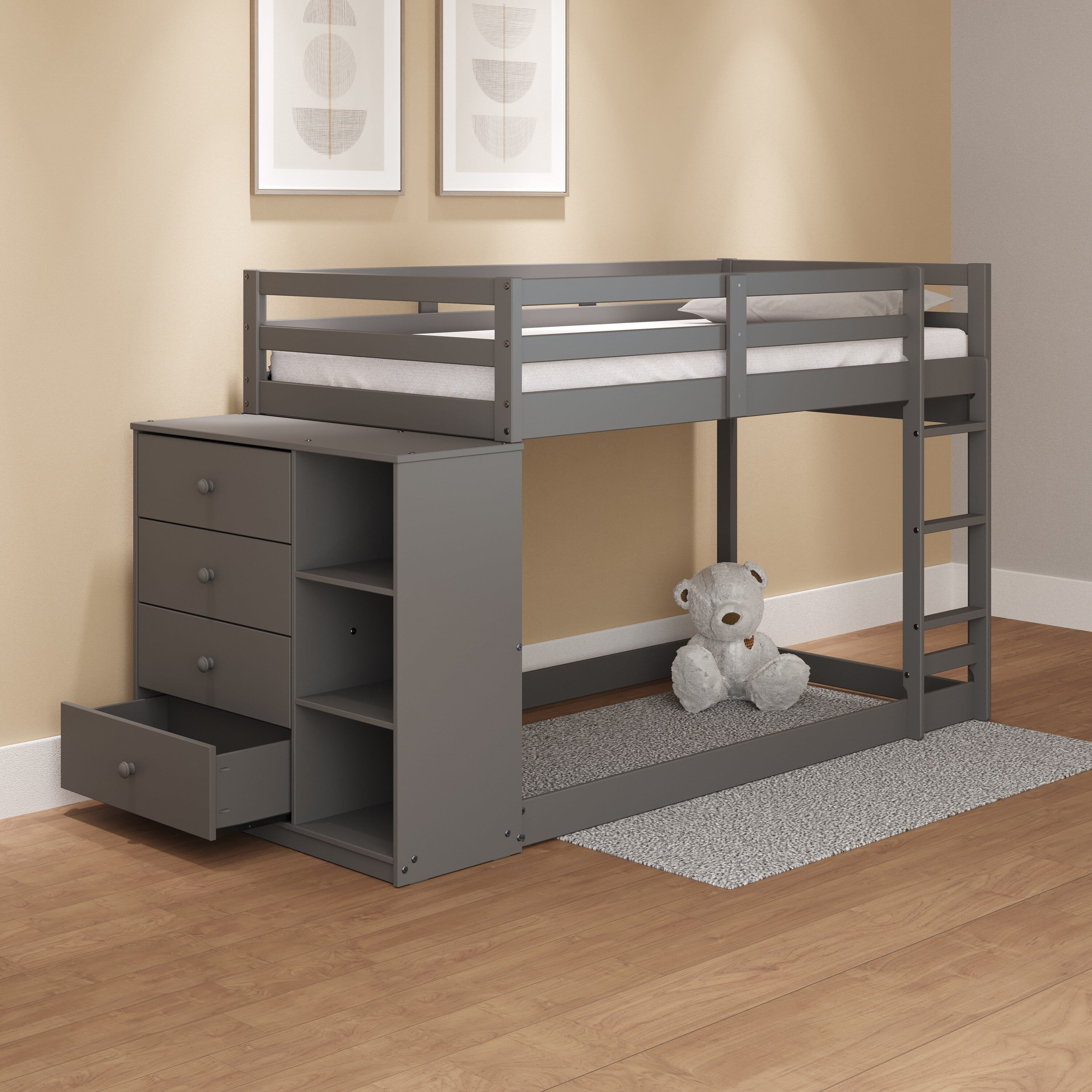 Twin Over Twin Bunk Bed with 4 Drawers and Open Storage Shelves