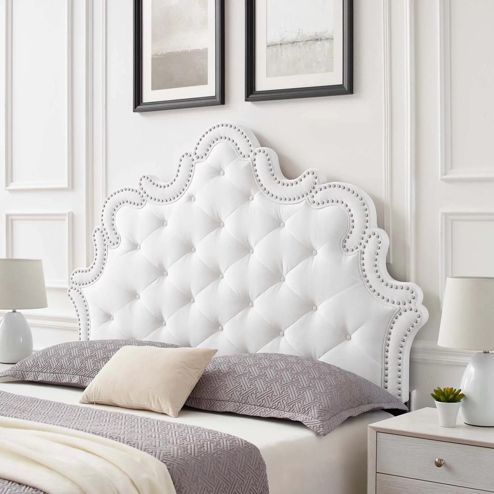 Tufted Headboard, Nailhead, King California Size, White, Velvet, Modern Contemporary, Mid Century Bedroom Master Guest Suite Room