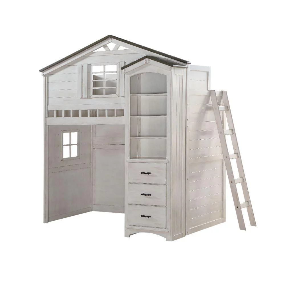 Wood Weathered White & Gray Loft Bed + Bookshelf by Acme Tree House 37165-2pcs