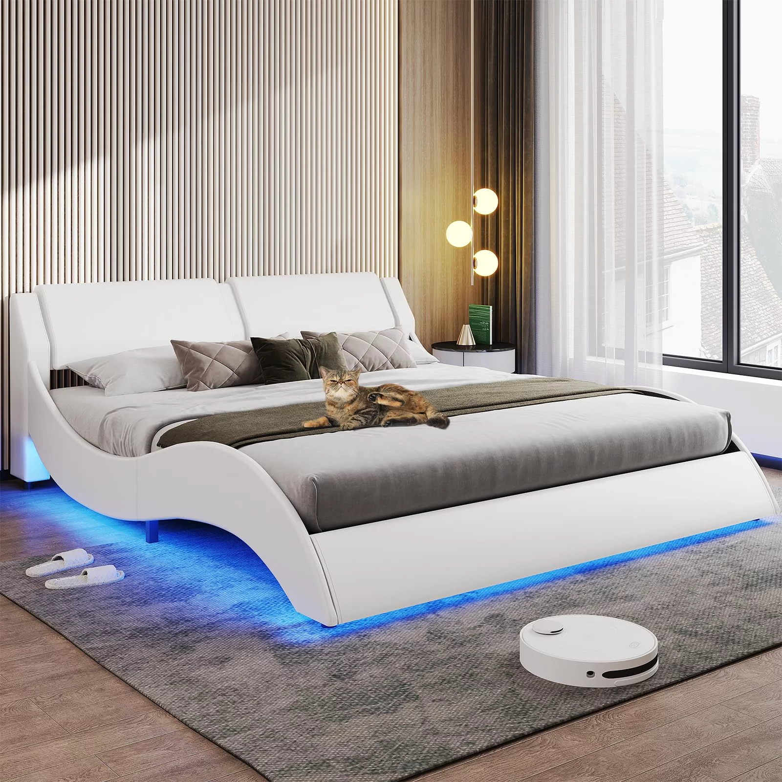 Queen Led Bed Frame with Upholstered Headboard,White Faux Leather Platform Bed Frame with LED Lights,Queen Size Wave Like Curve Low Profile Platform Bed Frame