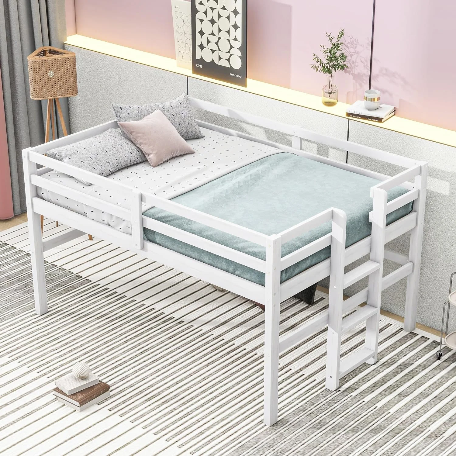 Wood Loft Bed With Uder-Bed Play Space,Kids Low Bed Frame ,Space Savig/o Box Sprig eeded/Guardrail/Ladder/Easy Assemble