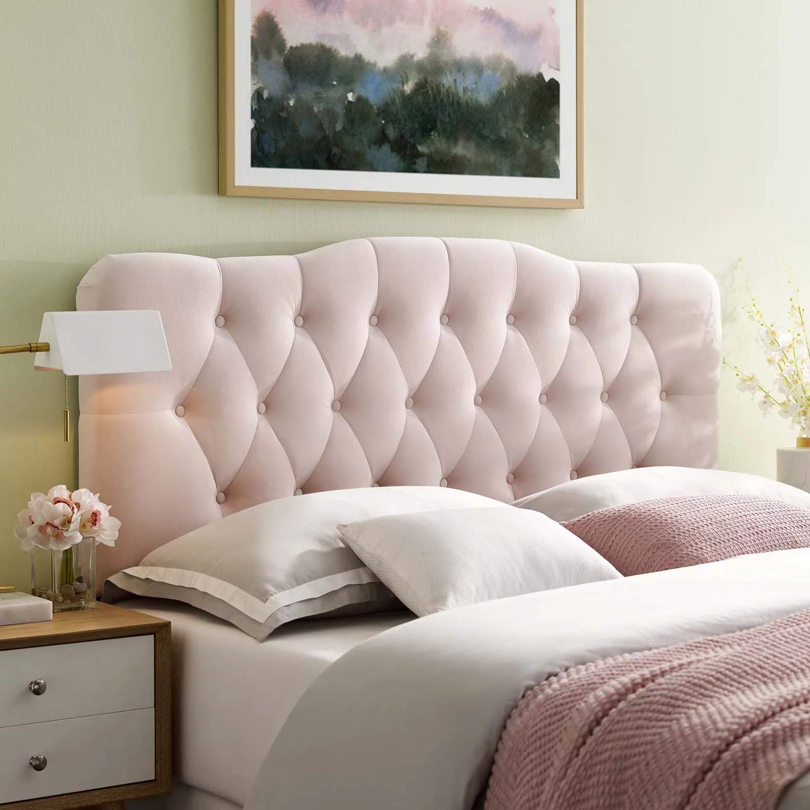 Contemporary Modern Urban Designer Bedroom Full Size Tufted Headboard, Velvet Fabric, Pink
