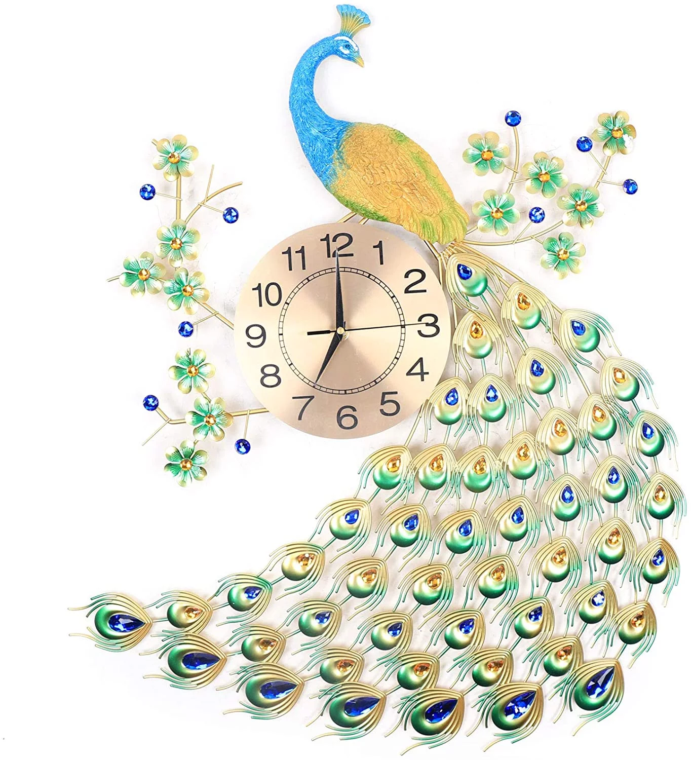 OUKANING Modern Peacock Large Wall Clock Luxury Diamond Metal Big Watch Living Room Decor