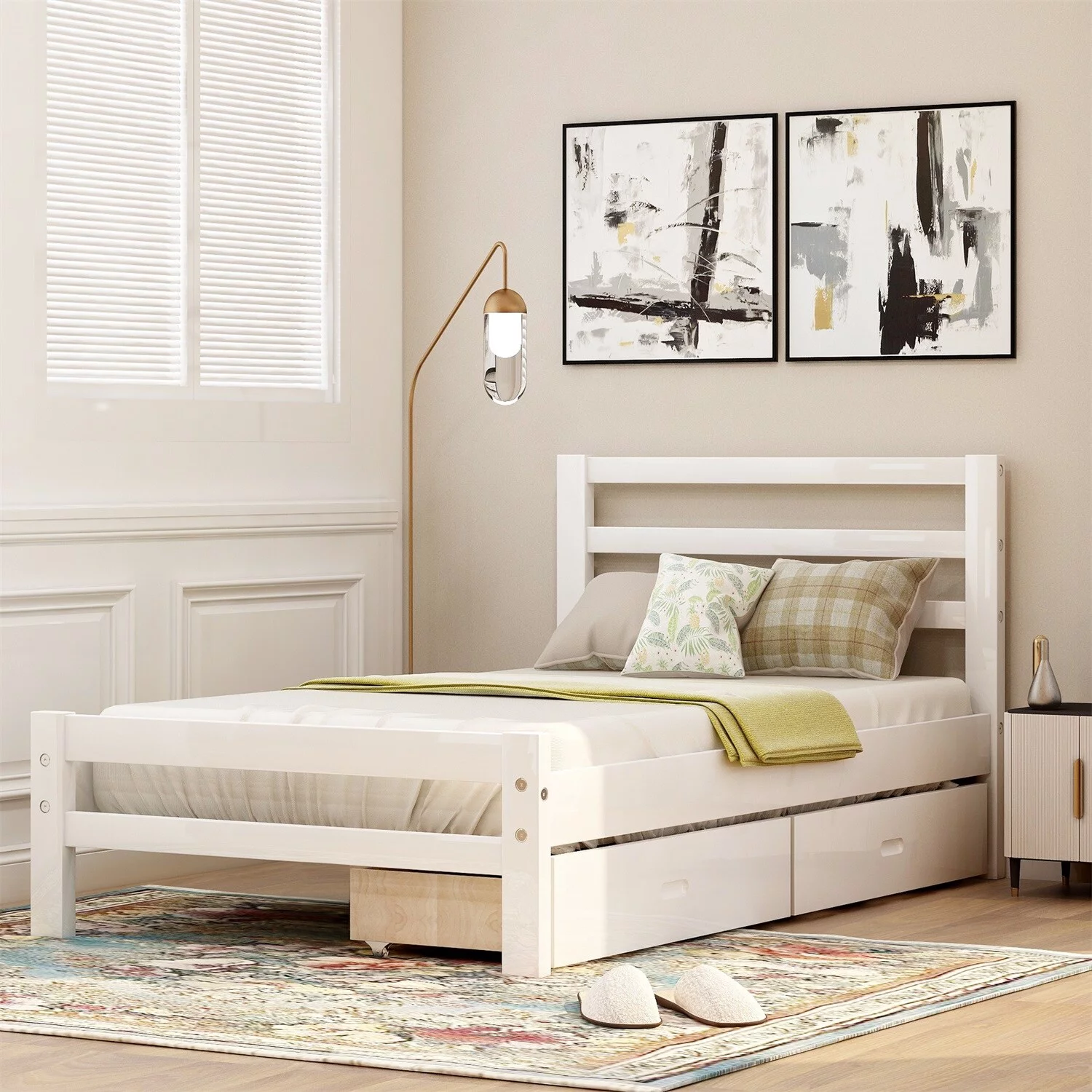 MERAX Wood Twin Bed Frame with Storage Drawers and Headboard White Twin