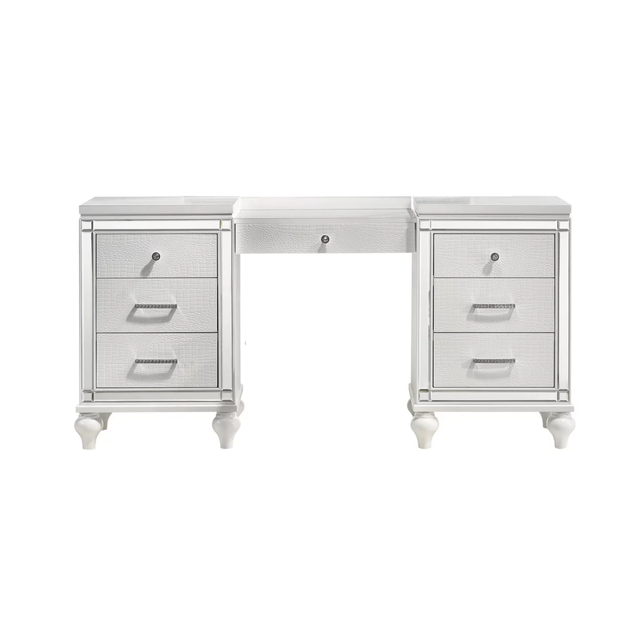 Kya 64 Inch Vanity Dresser Table with 7 Drawers Mirrored Trim Glam White- Saltoro Sherpi