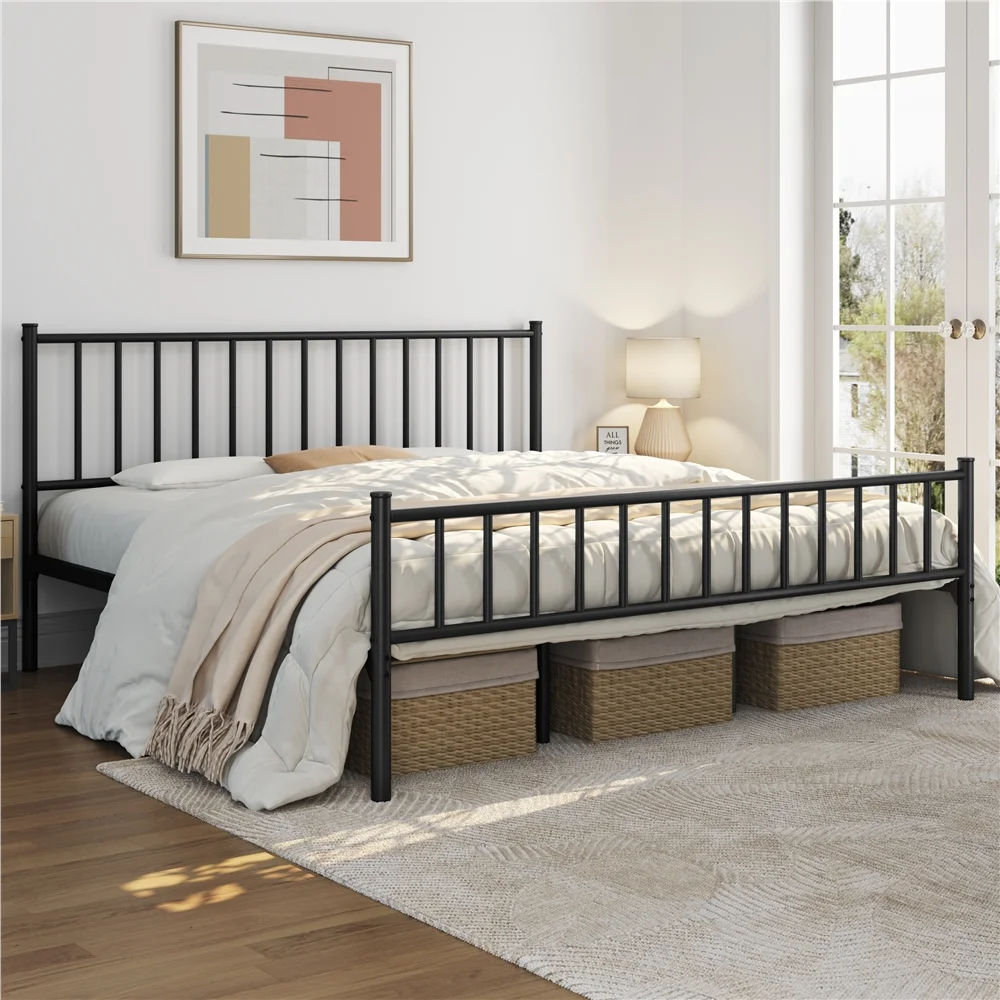 Easyfashion Justin Metal Platform Bed with Spindle Headboard and Footboard,King,Black