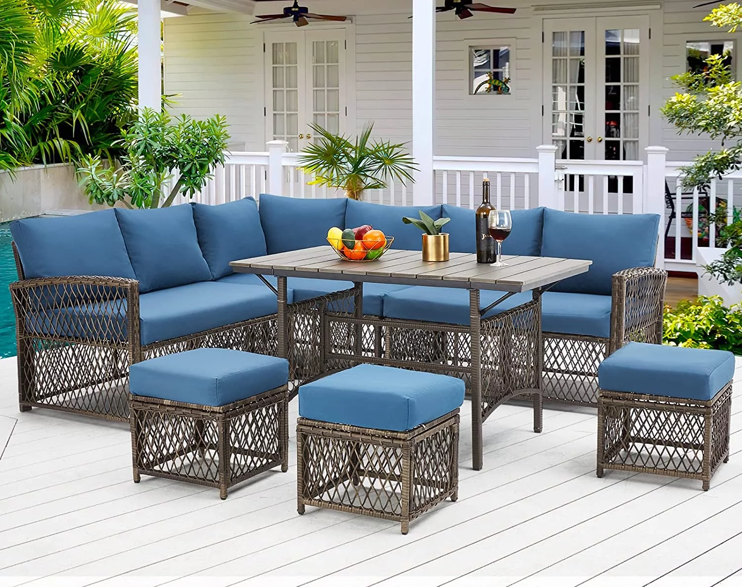 AECOJOY Outdoor Furniture Set, 7-Piece Rattan Wicker Sectional Sofa Couch, Patio Conversation Set with Dining Table & Chair in Navy