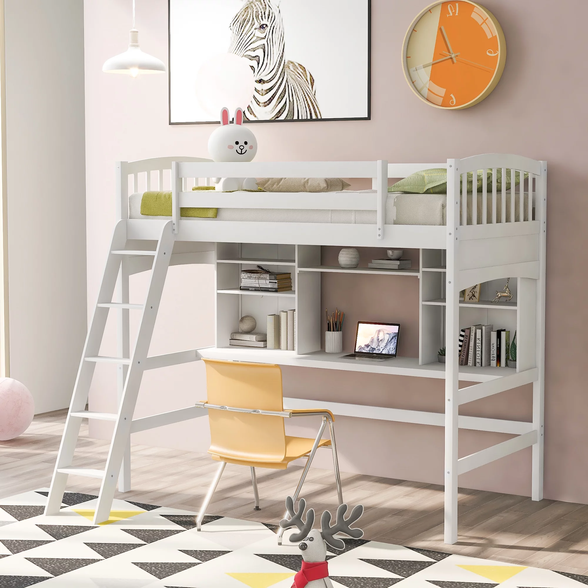 ikayaa Twin size Loft Bed with Storage Shelves, Desk and Ladder, White