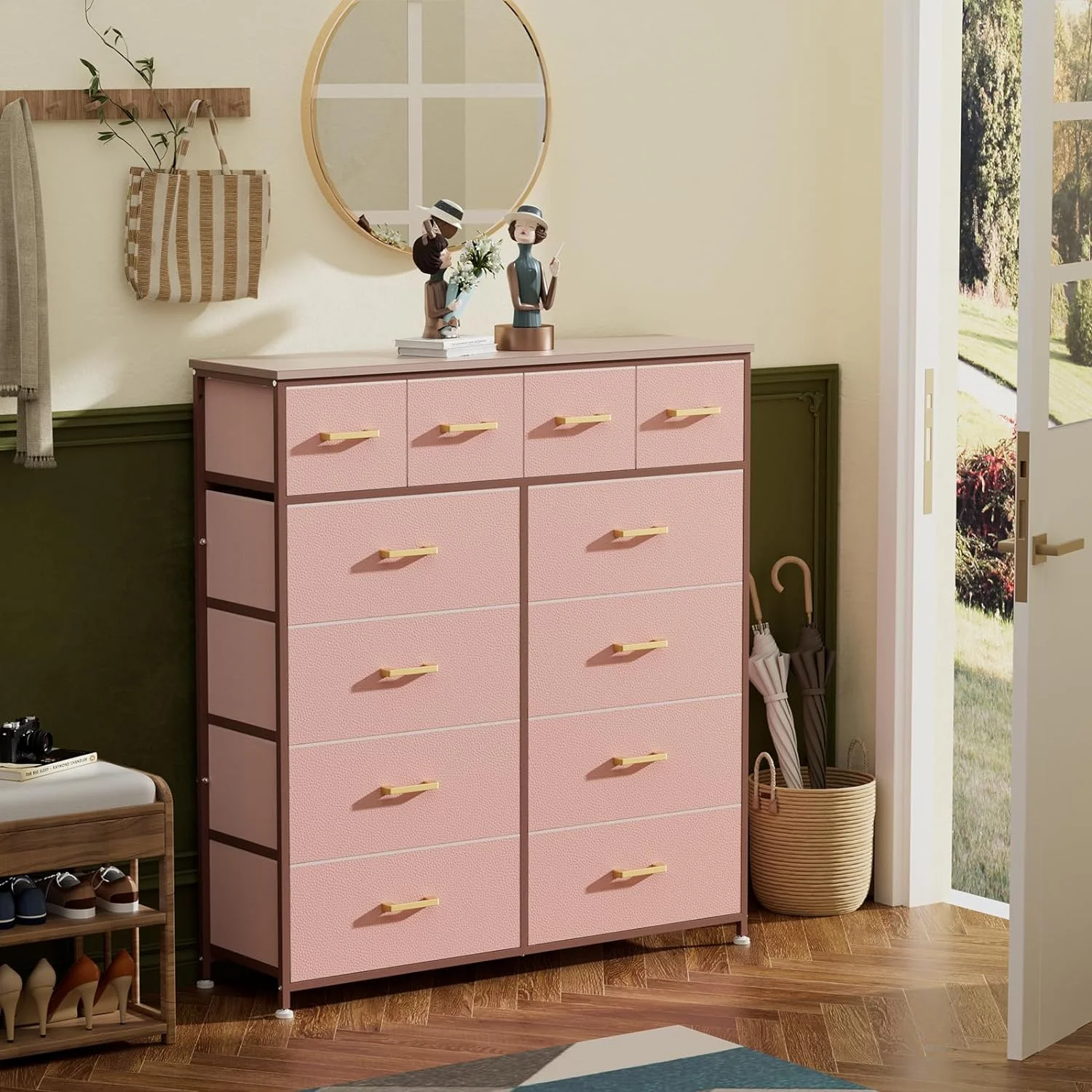 Dresser for Bedroom with 12 Drawers, Large Tall Dresser for Closet, Living Room, Nursery, Dorm, Chest of Drawers with Fabric Bins, Leather Front, Wooden Top, Metal Handle (Pink)