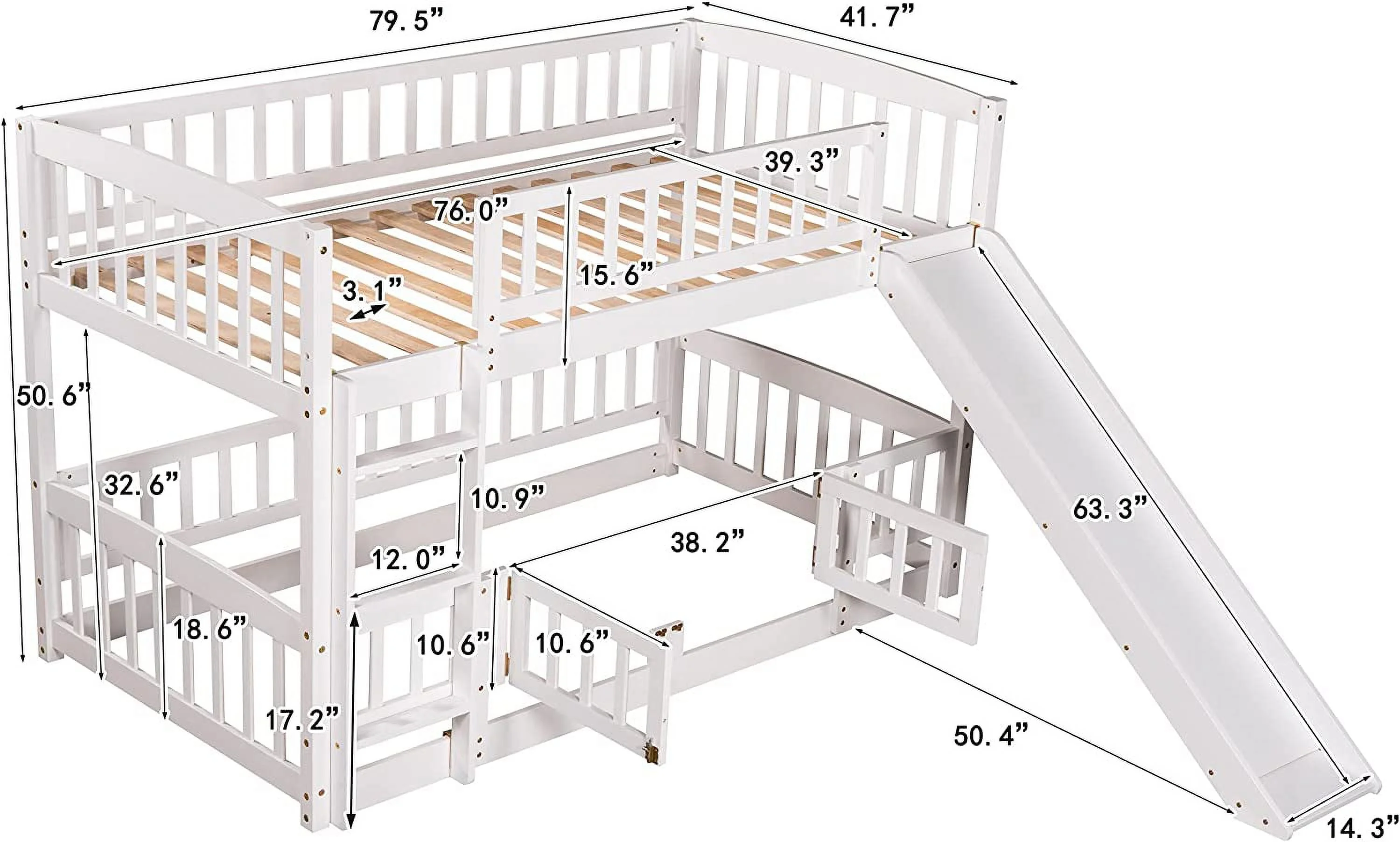 Over Bunk Bed Wih Converible Slide And Ladder, Floor Bunk Bed Wih Fence, Wood Bunk Bed Frame Wih Guardrails And Fence For Kids, Low o Ground Design Low Bunk Bed, Whie