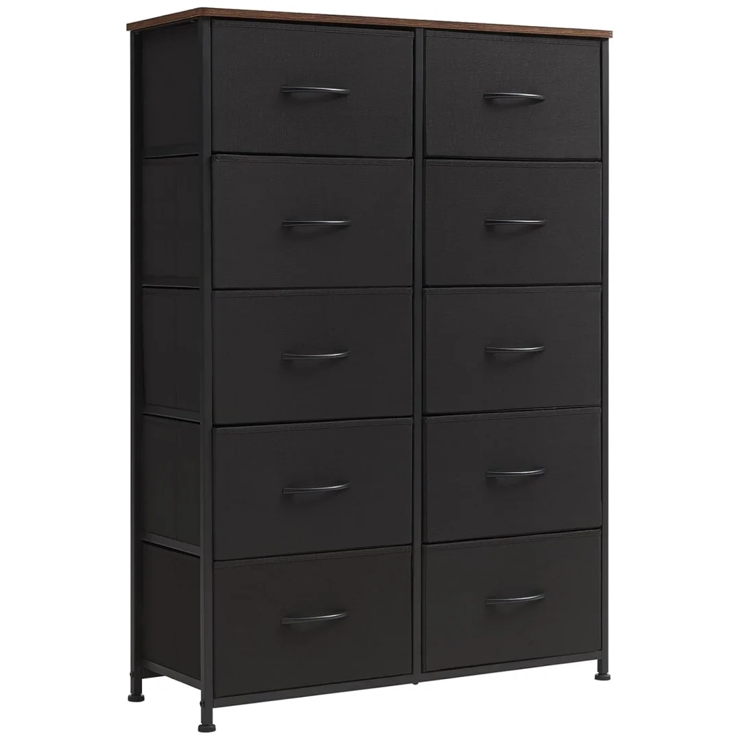 Somdot Dresser for Bedroom with 10 Removable Fabric Bins, 5-Tier Chest of Drawers, Ideal for Closet Nursery Living Room, Rustic Brown Wood Grain Print
