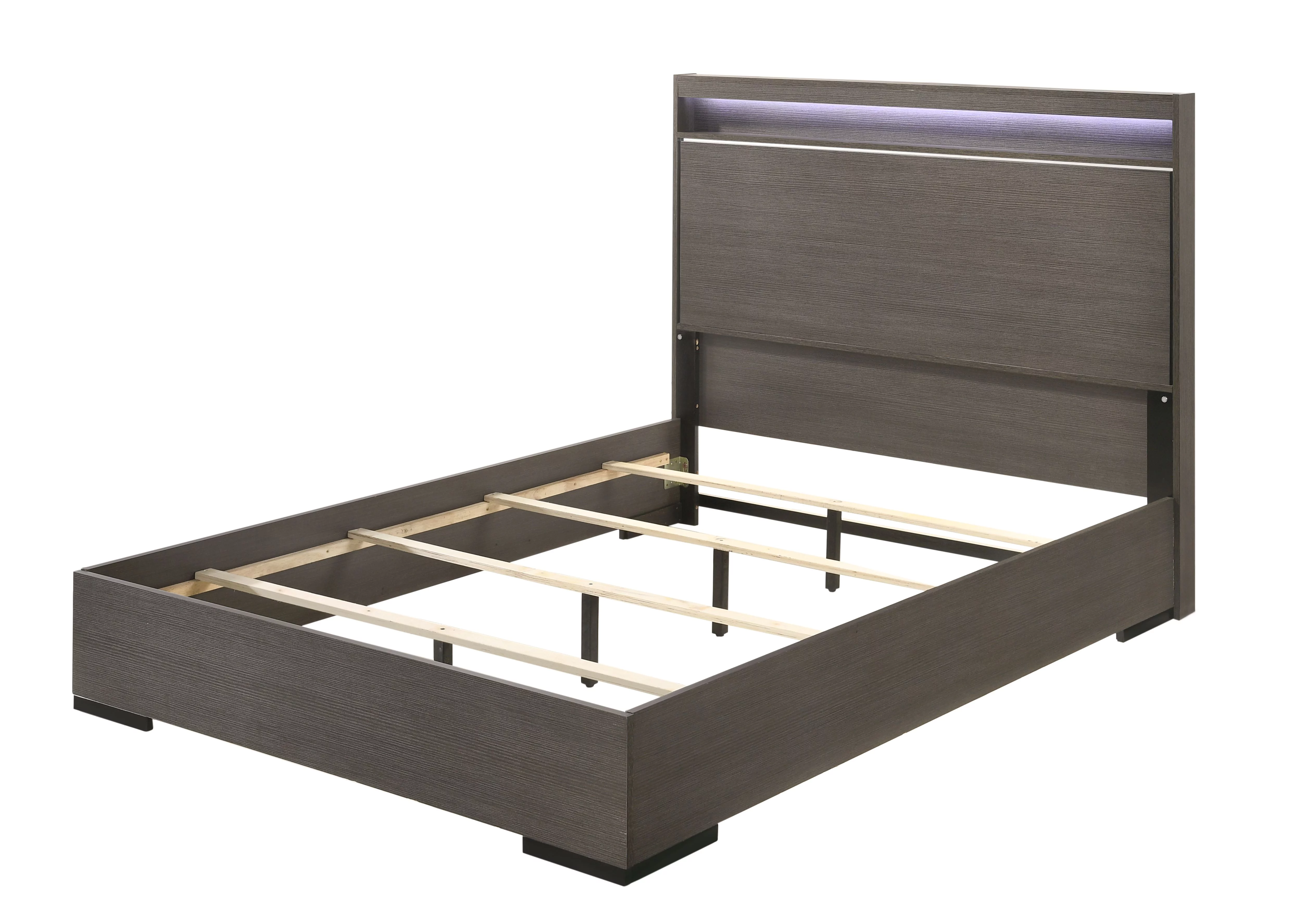 ACME Escher Wooden Eastern King Panel Bed with LED in Gray Oak