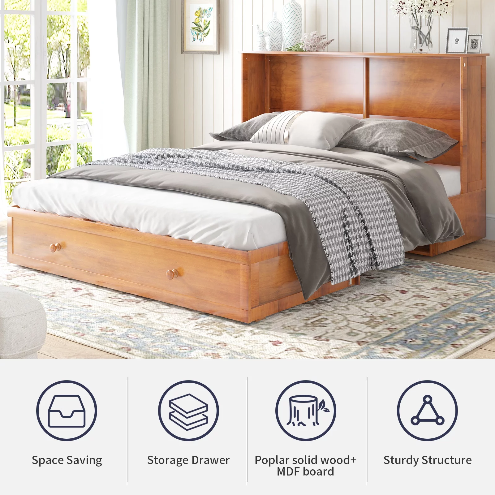 ZAFLY Murphy Bed Cabinet with USB Charging Station, Murphy Cube Cabinet Chest Bed with Drawer &Folding Mattress, Queen Size Bed for Living Room/Bedroom/Studio - Cherry