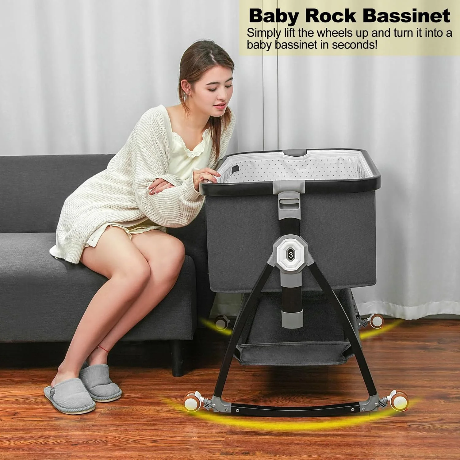 Baby Bassinet Bedside Sleeper, Bedside Bassinet for Baby, 3 in 1 Bedside Crib with Adjustable 6 Height, Portable Bassinet for Newborn/Infant, Baby Bassinet with Wheels/Storage Basket/Mosquito Net