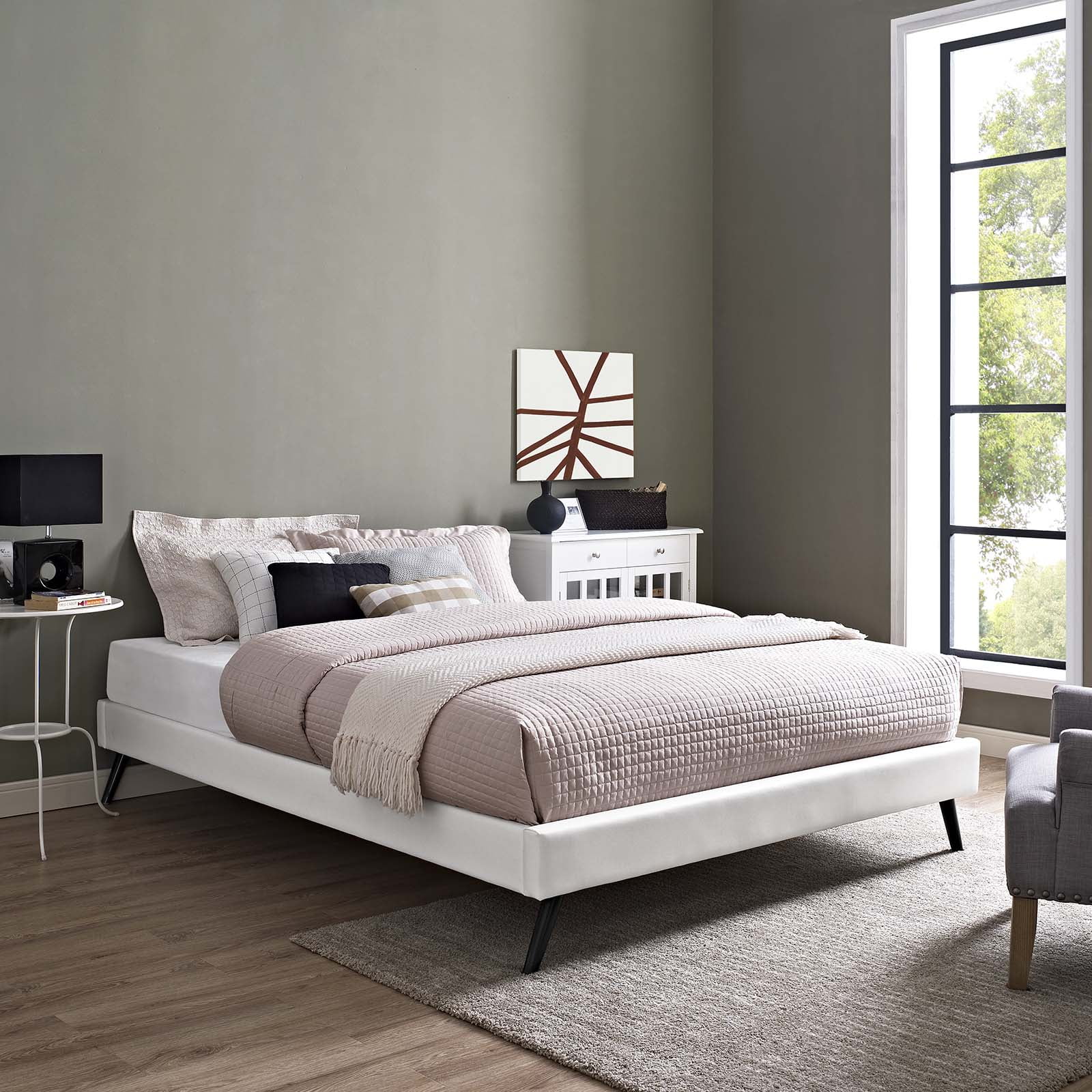 Modway Loryn Queen Vinyl Bed Frame with Round Splayed Legs in White