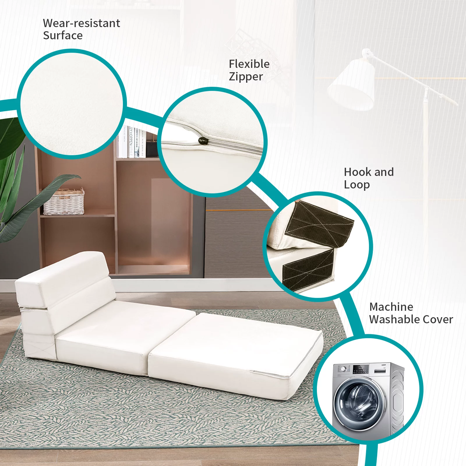 BALUS Convertible Sofa Bed, Folding Futon Flipped Lounger Sleeper,Floor Sofa with Memory Foam,Adjustable Backrest,High Density Foam and Short Plush Fabric, Beige