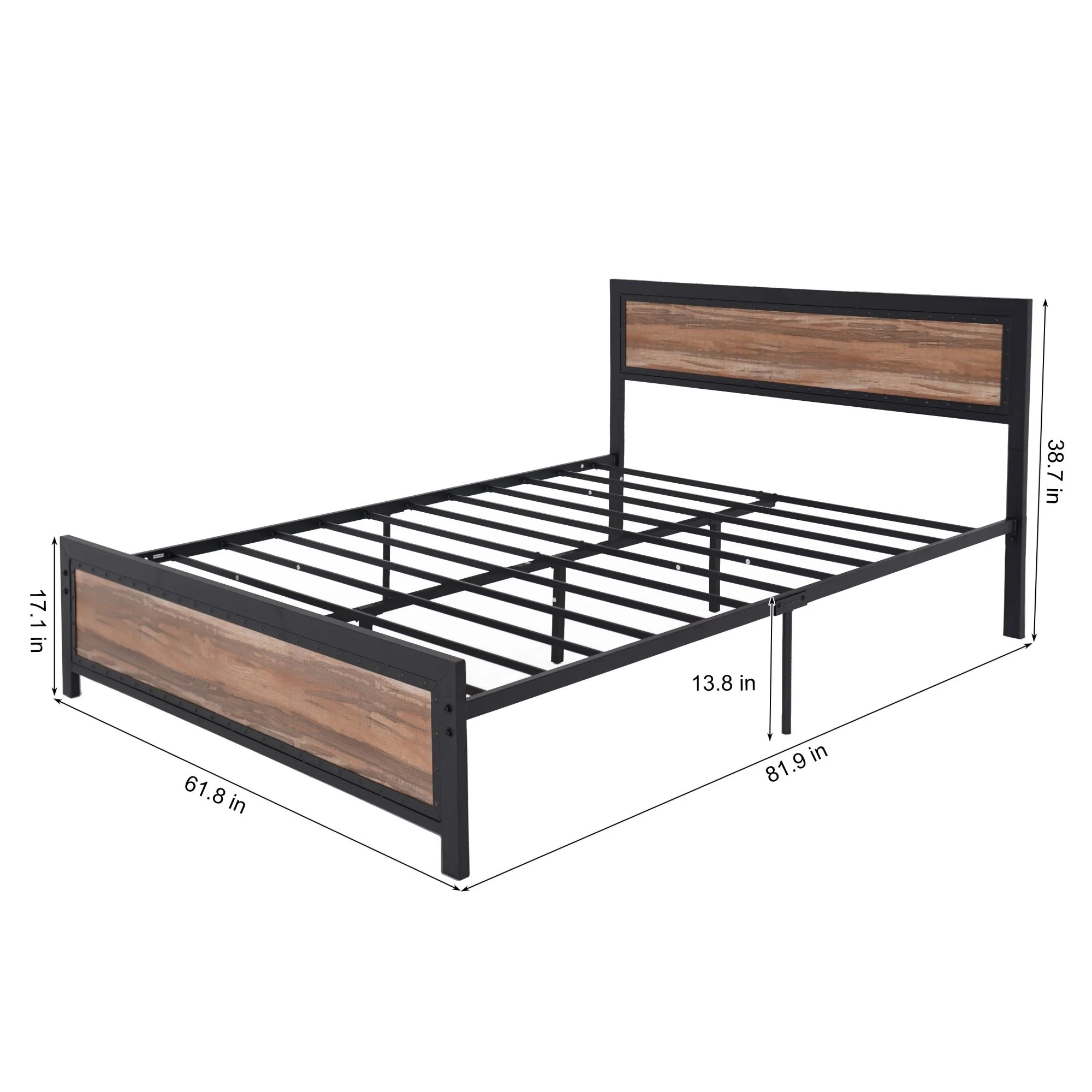Queen Size Metal Bed Frame Iron Platform 800 lbs Capacity with Wood Headboard and Footboard Rustic Brown