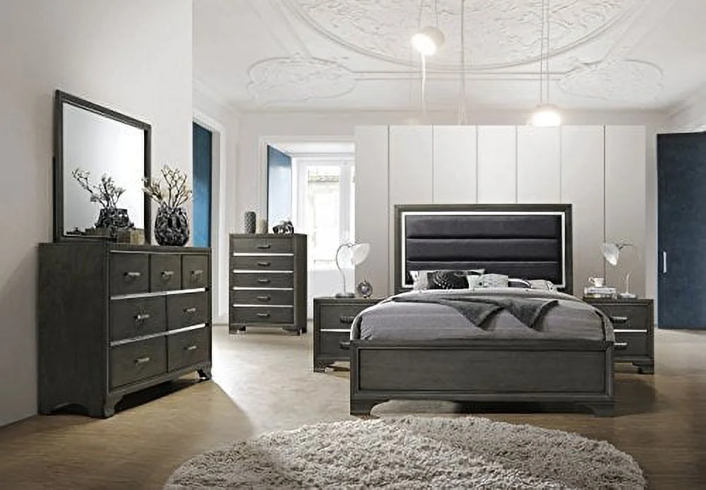 Kings Brand Furniture 6-Piece Gray Wood with Faux Leather Headboard Queen Bedroom Set. Bed, Dresser, Mirror, Chest, 2 Night Stands