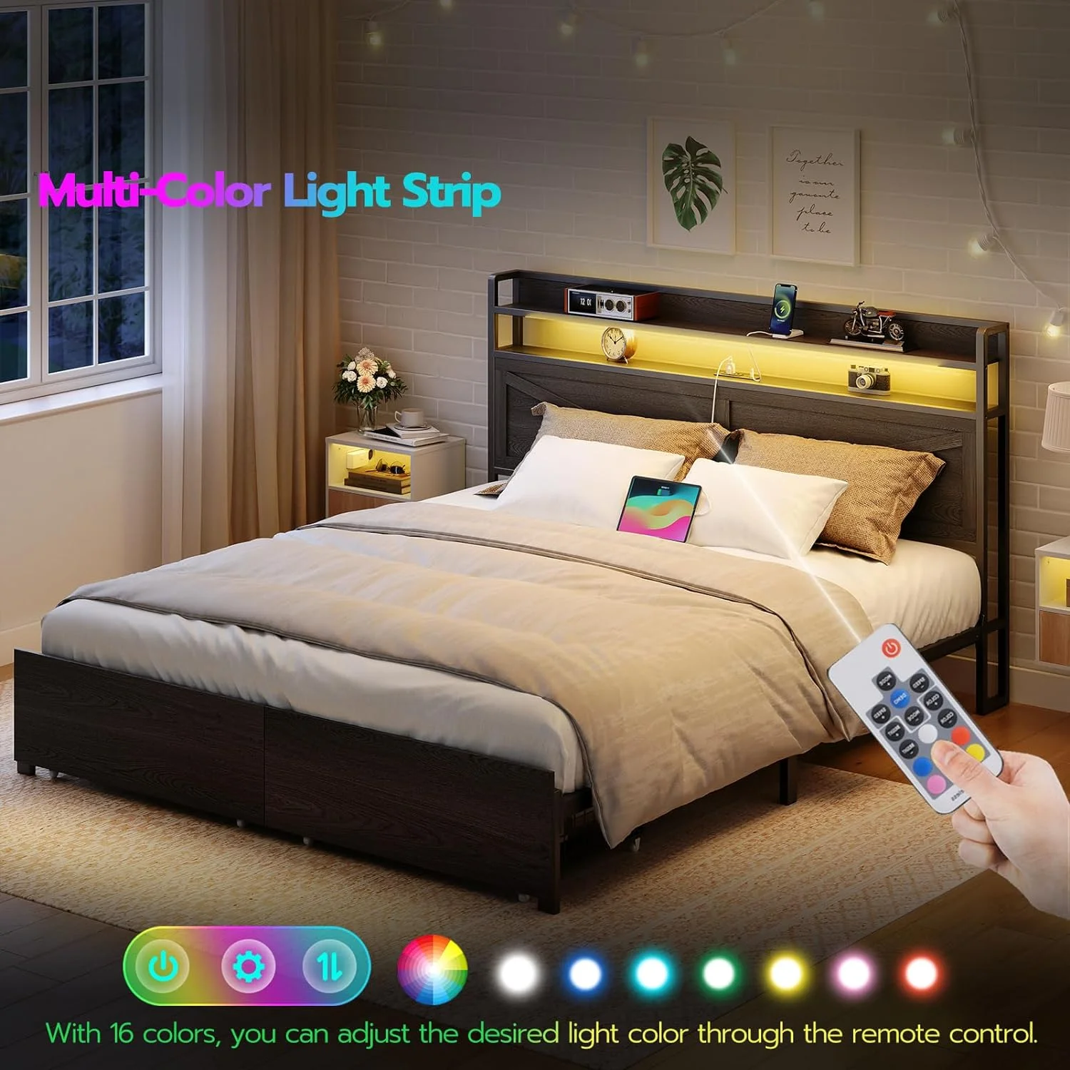 HOOBRO Queen Size LED Bed Frame with Charging Station Headboard and 2 Storage Drawers Footboard Industrial No Box Springs Needed Black BB53UDBF01