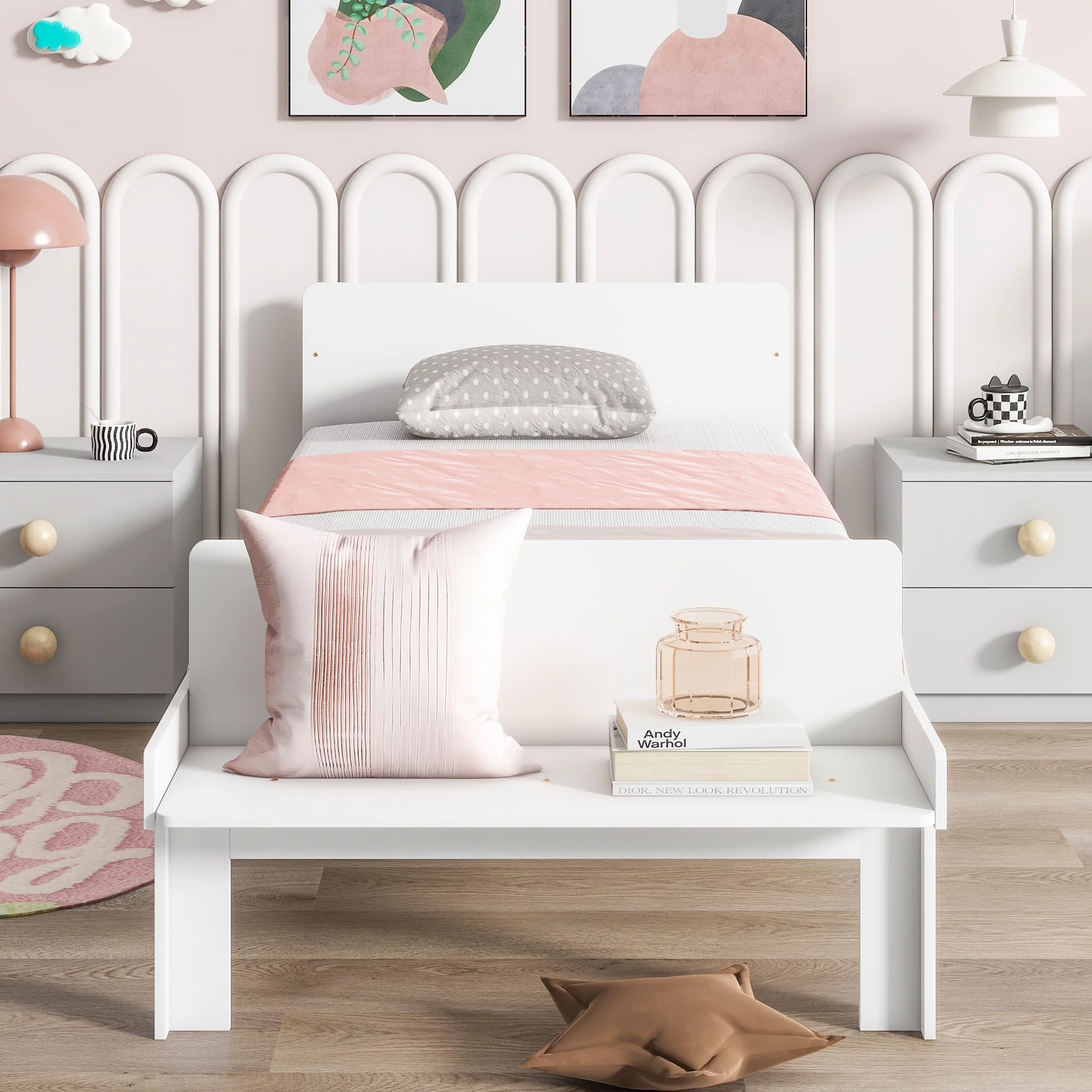 Gewnee Wood Twin Size Platform Bed with Headboard and Footboard Bench for Kids Room,White