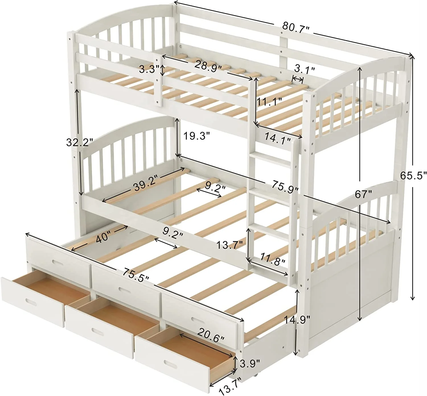 Solid Wood Bunk Bed With Trundle, Over Bunk Bed With 3 Storage Drawers And Safety Rail, Can Be Convertible To 2 Beds, No Box Spring Required (White)