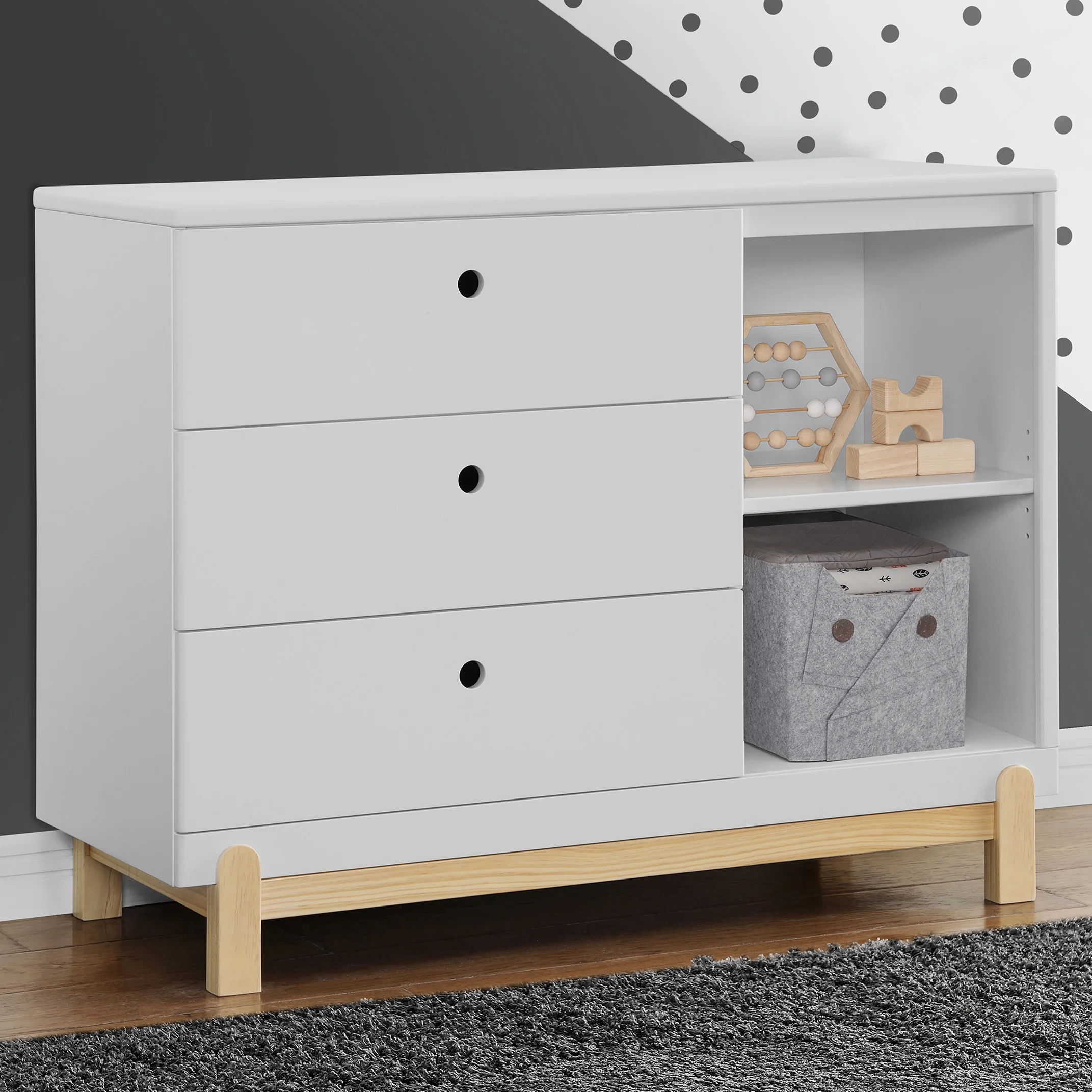 Delta Children Poppy 3 Drawer Dresser with Cubbies and Interlocking Drawers, Bianca White/Natural