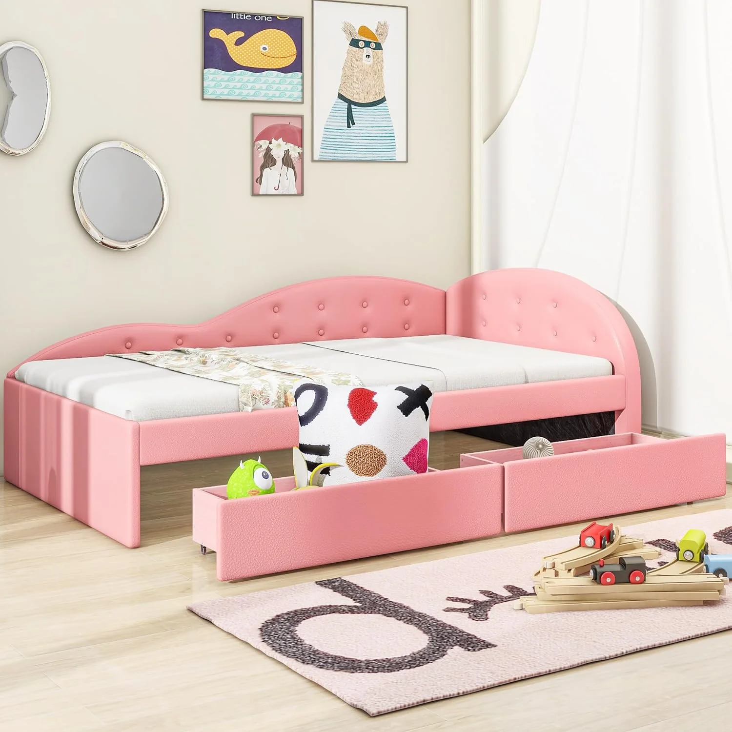Daybed With Storage,PU Upholstered Tufted Daybed With 2 Drawers Ad Cloud Shaped Guardrail, Moder Storage Bed Sofa Daybed For Bedroom, Livig Room,